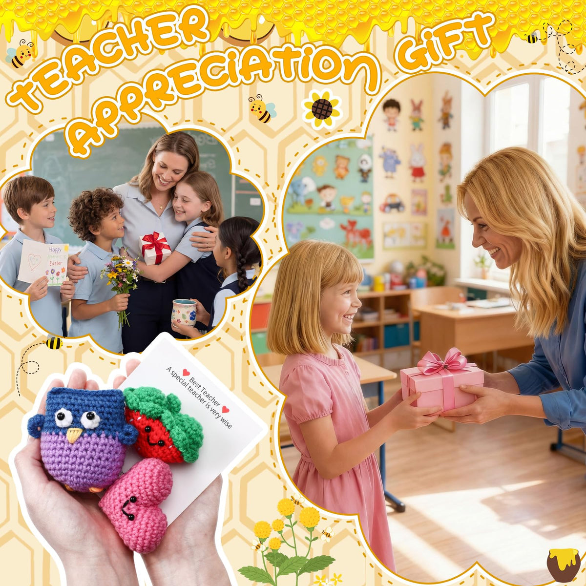Teyva Daily 5 Sets Teacher Appreciation Gift Handmade Crochet Teacher Gifts for Women Thank You for Helping Me Grow Crochet Doll with Card and Bag for Teachers Appreciation Week End of Year Gift