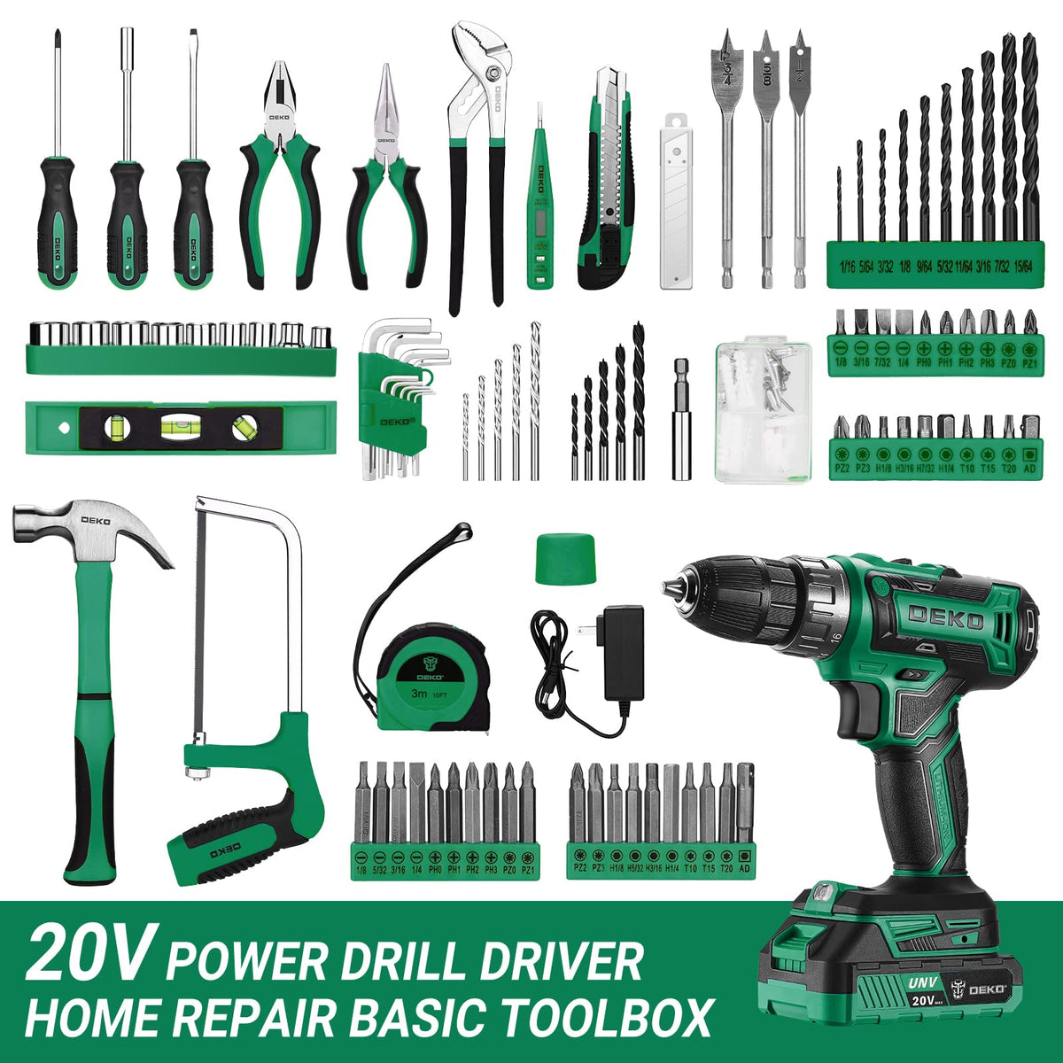 Green Drill Tool Kit Set: 20V Cordless Power Drill Tool Box with Battery Electric Drill Driver for Men Home Hand Repair Basic Toolbox Tools Sets Drills Case