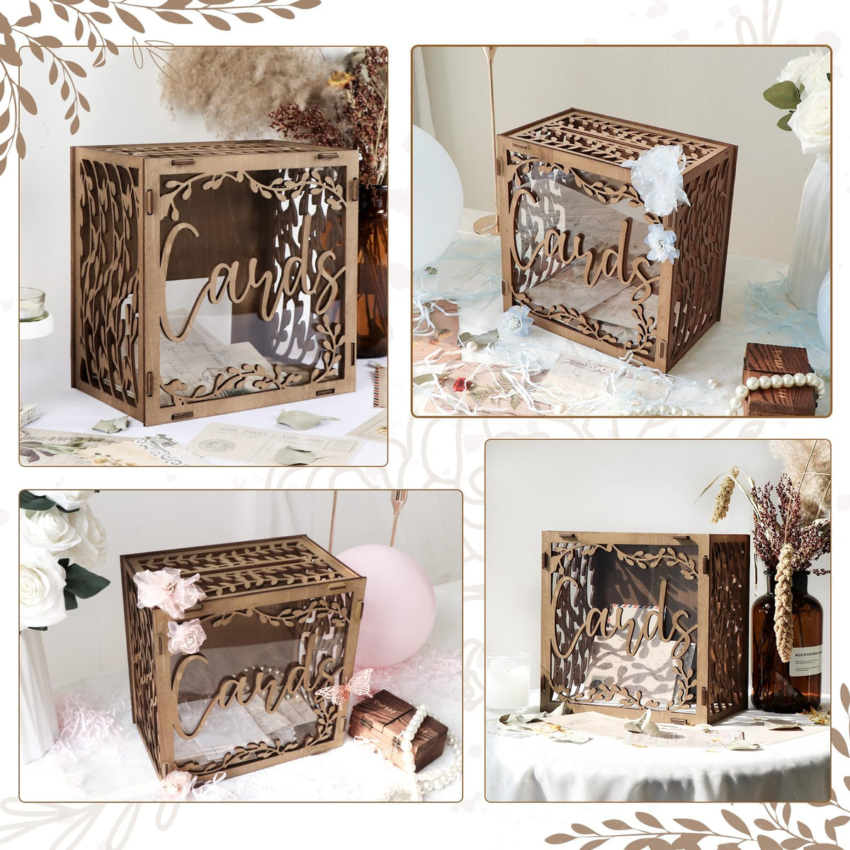 OurWarm Wedding Card Box with Window, Brown Wooden Box Wedding Decorations for Reception, Money Index Card Box for Weddings Bridal Shower Rustic Weddings Decor Party Decorations