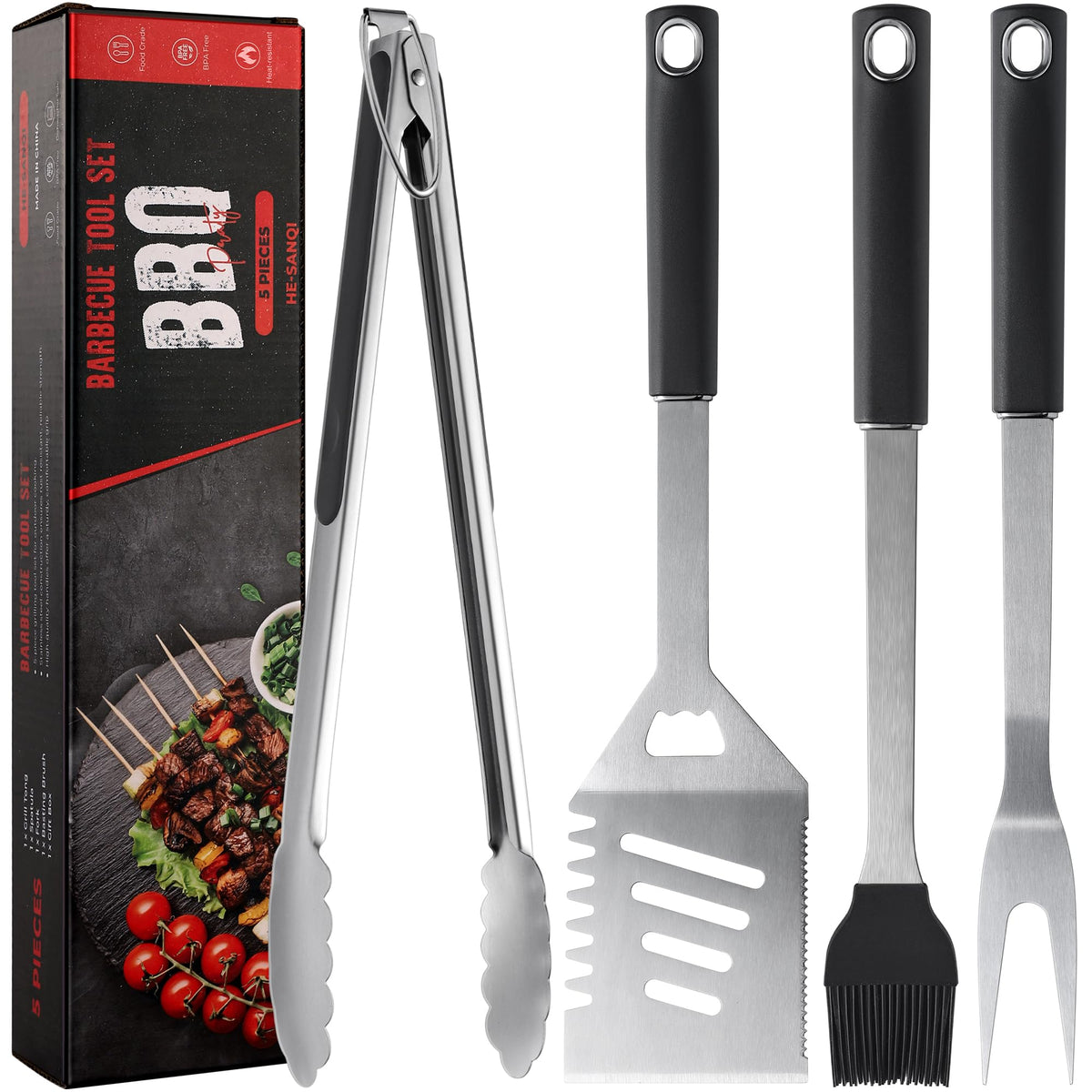 Griddle Accessories Kit - Grilling Accessories, Stainless Steel Heavy Duty Grill Tools Set with Spatula, Fork, Tongs, Brush and Gift-Box for Outdoor Barbecue, Home Grill (4PCS)