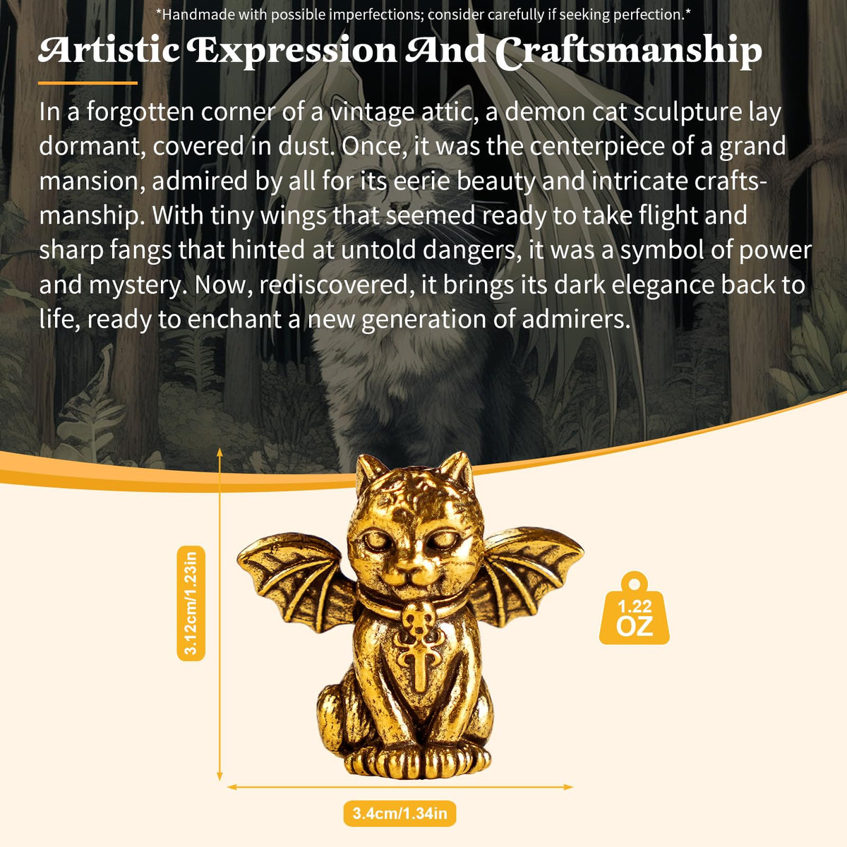 CHOVY Retro Handcrafted Evil Cat Sculpture - 100% Solid Brass Demon Cat Figurine with Wings & Fangs | Gothic Dark Fantasy Desktop Decor, Collectible Art Piece Unique Gift