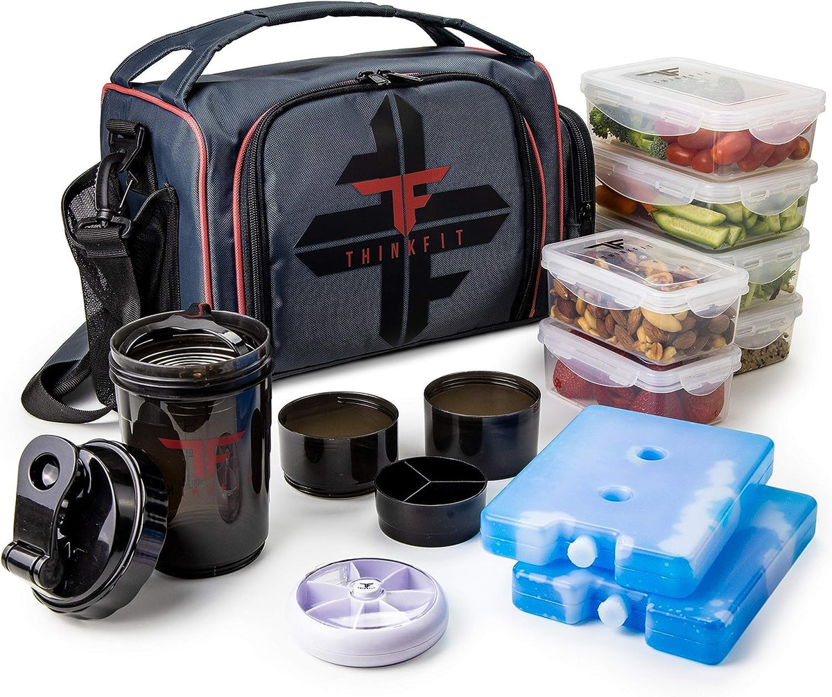 ThinkFit Red Reusable Lunch Bag with 6 Portion Control Containers, 2 XL Ice Packs, Pill Box, and Shoulder Strap - Microwavable and Freezer Safe