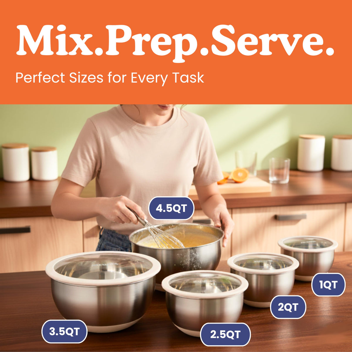 Ziruma Non-Toxic Mixing Bowls with Lids Set, Stainless Steel & Glass, 5 Pcs Plastic Free Bowls with Silicone Non-Slip Base, Dishwasher Safe Mixing Bowl Set