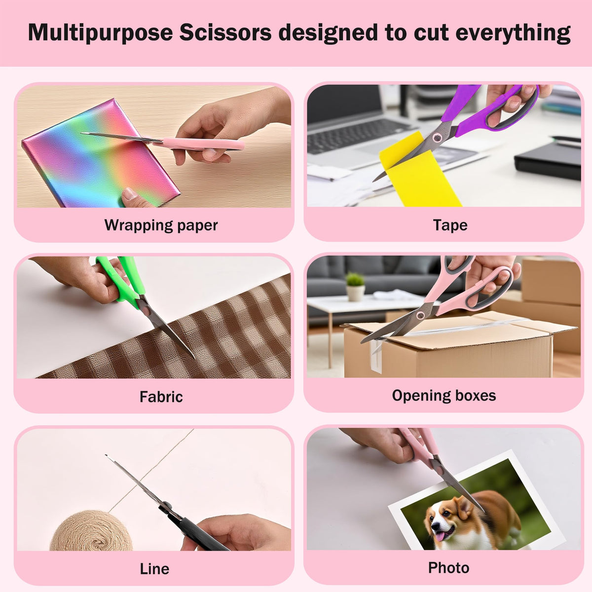 Scissors, Rkqoa 8" Scissors All Purpose 6 Pack - Comfort-Grip Sharp Scissor for Office School Adult Art Sewing Fabric Craft Supplies, Teacher/Classroom Everyday Use, Right/Left Handle