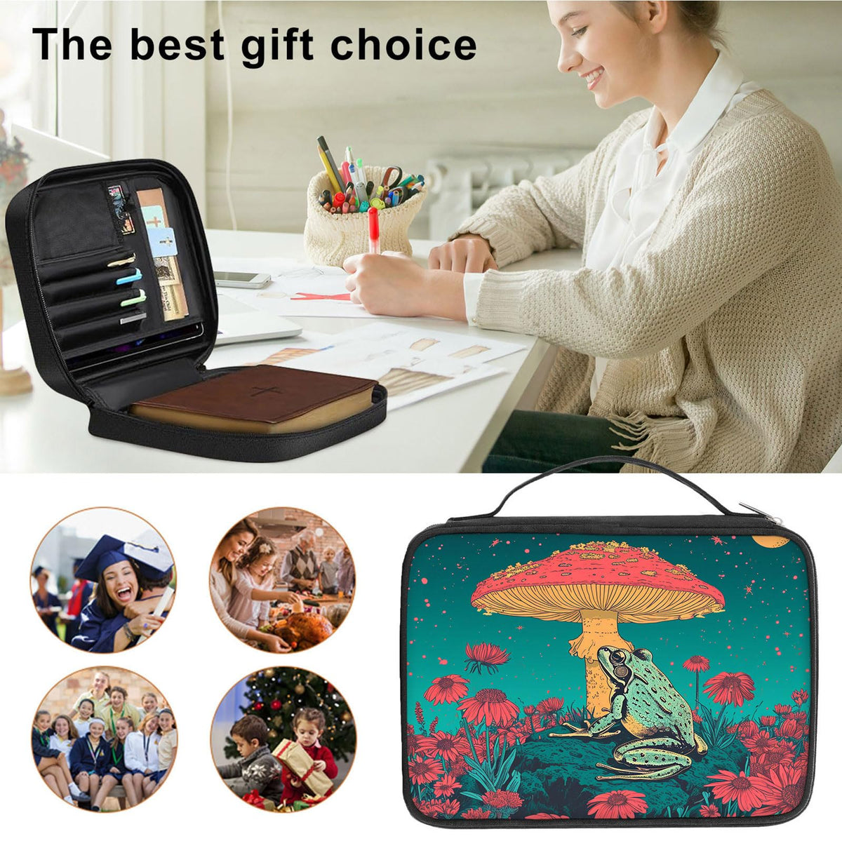 Qindaiwen Bible Cover for Women Kids, Bible Carrying Case Church Bag Bible Protective with Zippered Back Pocket, Gift for Adults Lady Women Men, Frog on a Mushroom