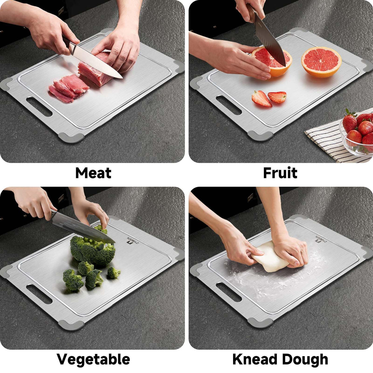ZYBIDEAL 100% Pure Titanium Cutting Board with Grooves, Update Double Side Titanium Chopping Board, Silicone Anti-slip Stainless Cutting Boards for Kitchen 11 * 15 IN, Grey