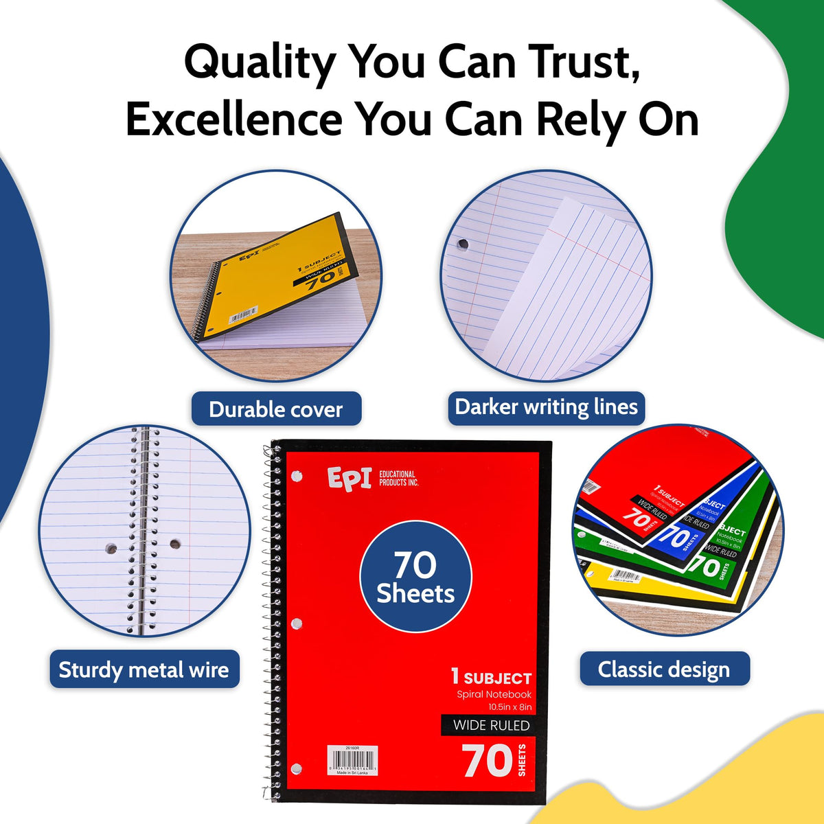 EPI Spiral Notebook | Wide - 70 Sheets, Durable Spiral Binding | 10.5 x 8 in | Classroom Supplies | School, Office, Note Taking, Journaling - 12 Pack