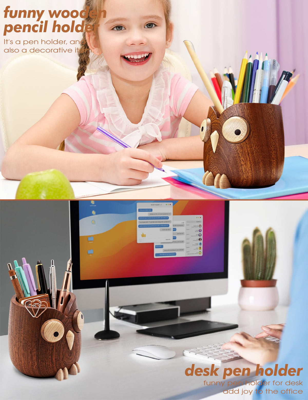 WODTILIFE Cute Owl Pen Holder for desk, funny wooden pencil holder with Magnetic Rotating Eyes emoji, Ebony solid wood hollow design, for Office accessories School Home and Holiday Gifts.(Brown)