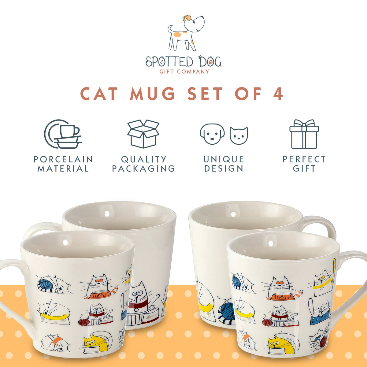 SPOTTED DOG GIFT COMPANY Cat Mugs, 13 oz Coffee Mug Set of 4, Funny Cartoon Cats Themed Ceramic Tea Cups, Microwave & Dishwasher Safe, Cute Cat Gifts for Women and Animal Lovers