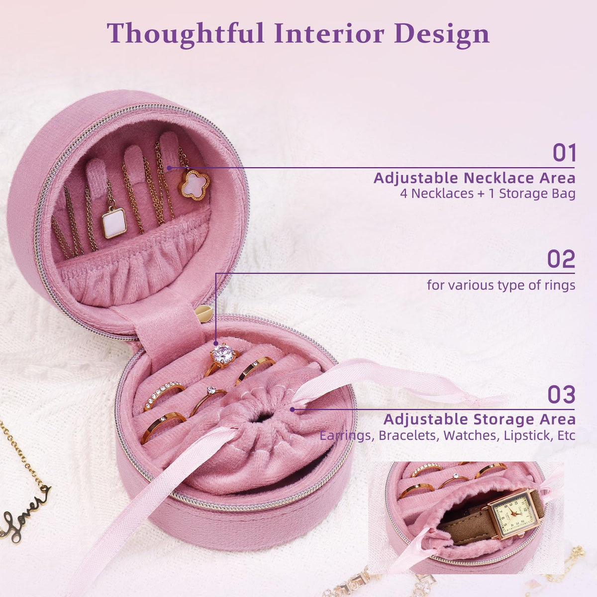 CONBOLA Travel Jewelry Case Small Jewelry Box for Women Girls,Round Velvet Mini Jewelry Travel Organizer,Portable Jewelry Box for Rings Earrings Necklaces Bracelets.(Pink,Small)