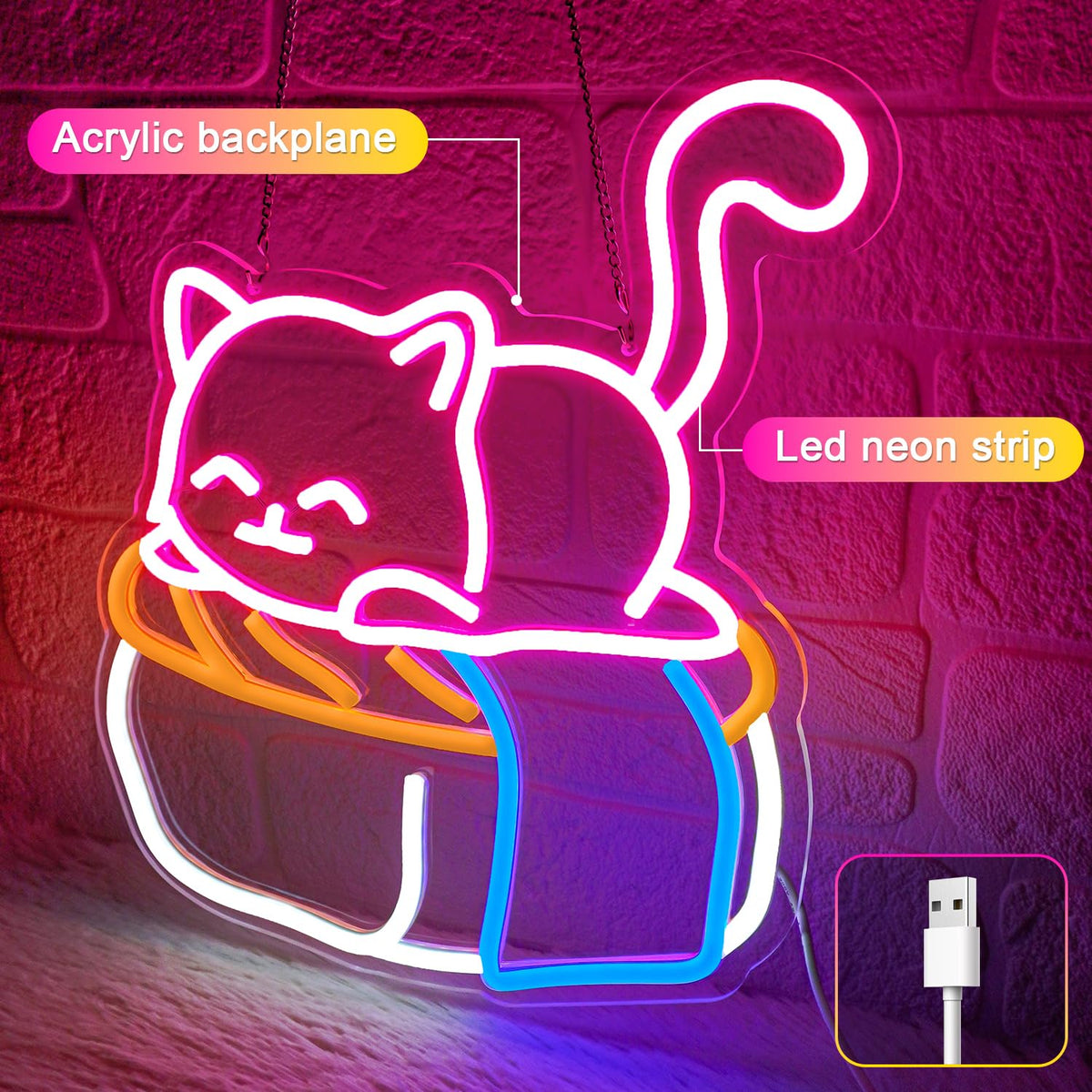 Sneignon Cute Sushi Cat Neon Sign for Bedroom,Light Up Cat Sign for Pet Store Wall Decor,Kawaii LED Neon Light for Cat Sushi Lovers,Pink Cat Wall Sign for Girls Room,Animal Neon Light Up Wall Art