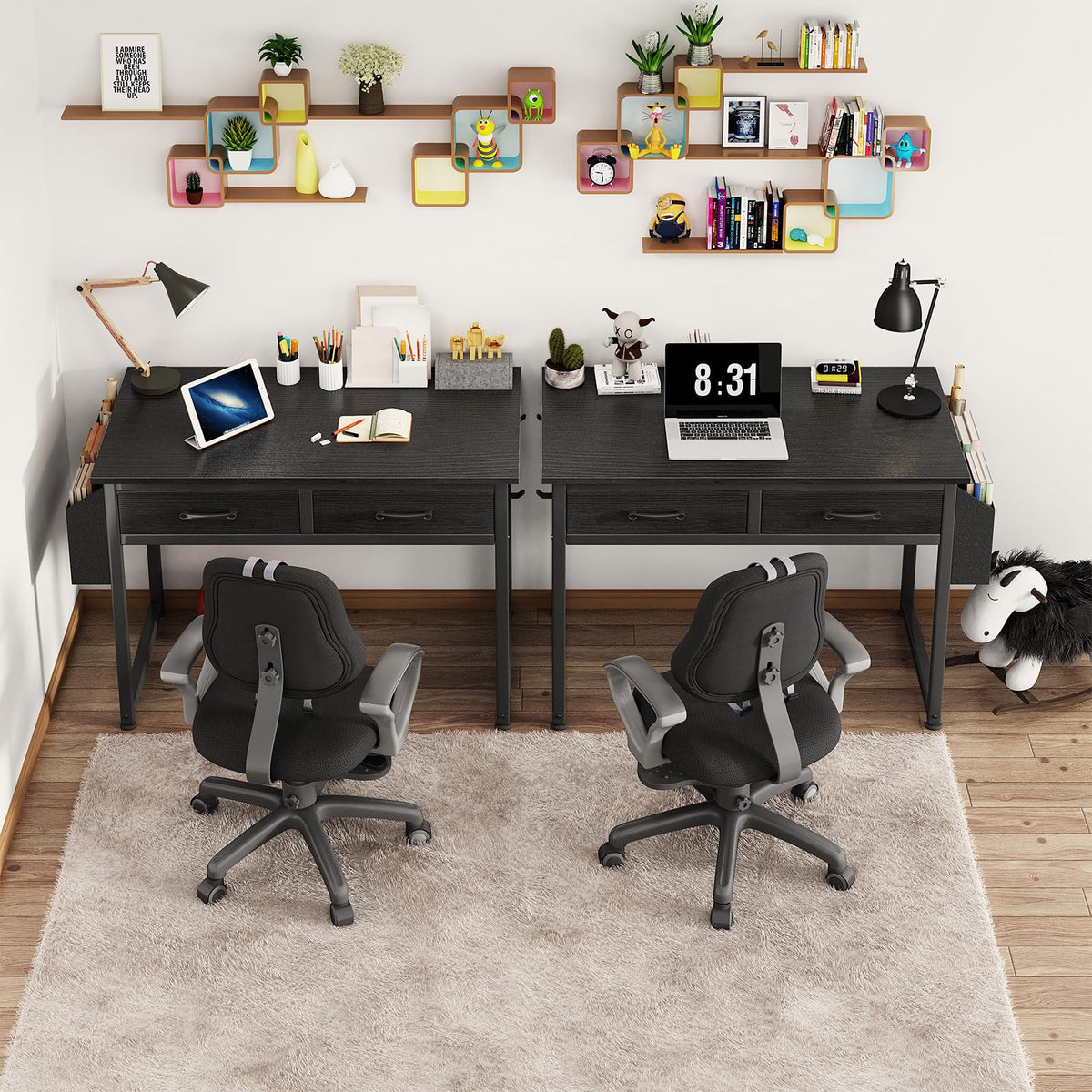 DLisiting Small Desk with Fabric Drawers for Bedroom, 32 Inch Gaming Desk with 2 Drawers for Small Space, Study Writing Table PC Desks, Black