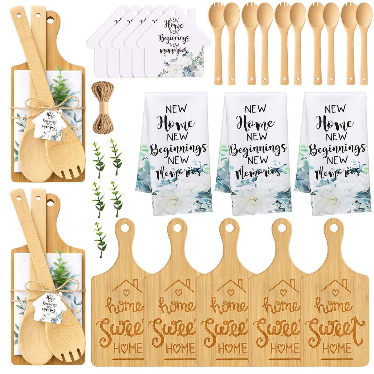Geelin 31 Pcs/5 Sets Housewarming Gifts Engraved Cutting Board New Home Beginning Memories Kitchen Towels Cards Bamboo Spoons House Warming Gift Set for Homeowner Neighbor Couple Apartment Kitchen