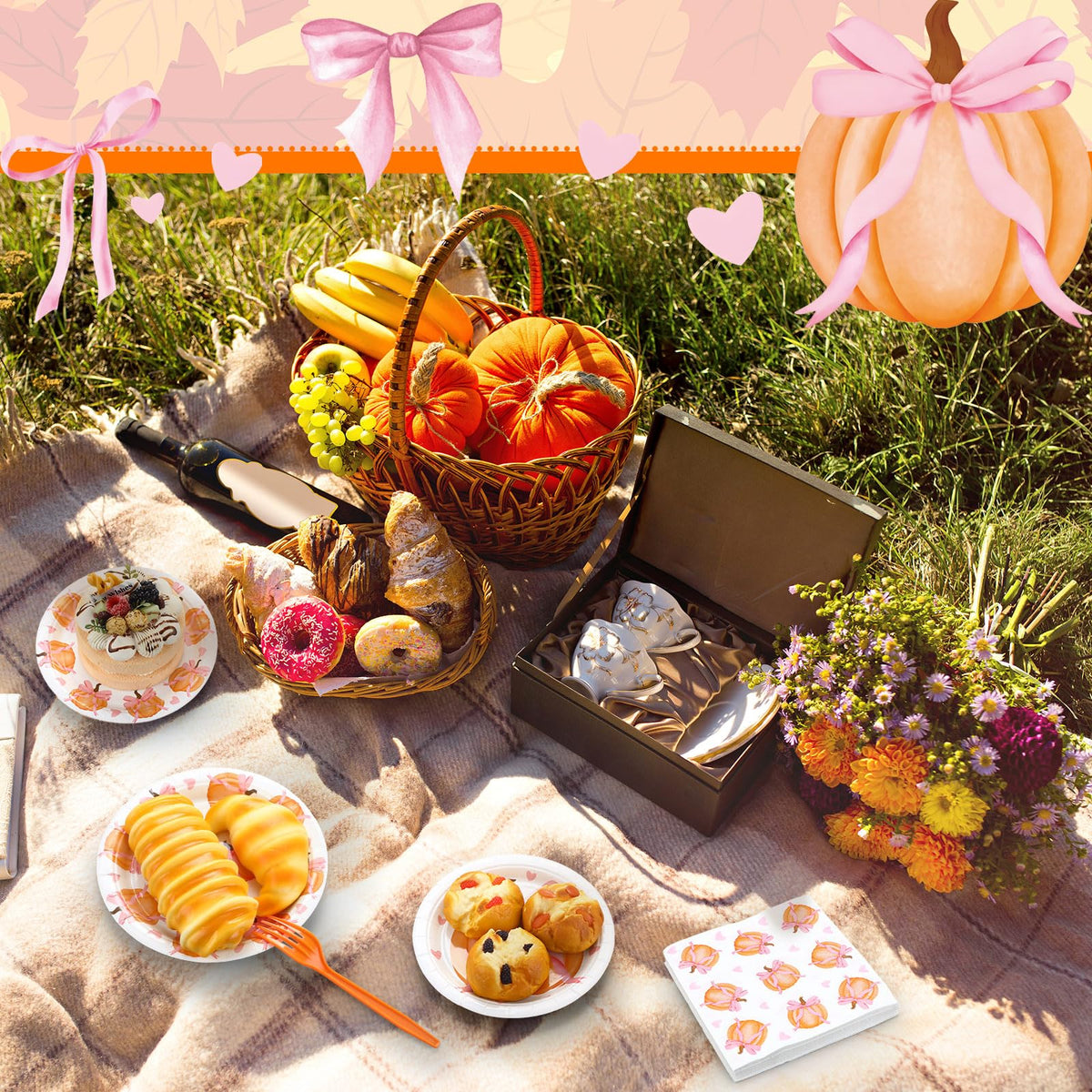 Havawish 96 Pcs Thanksgiving Party Decoration Friendsgiving Pink Bow Pumpkin Paper Plates Pink Baby Shower Party Supply for 24 Guest Coquette Birthday Wedding Tableware A Little Pumpkin Is on the Way