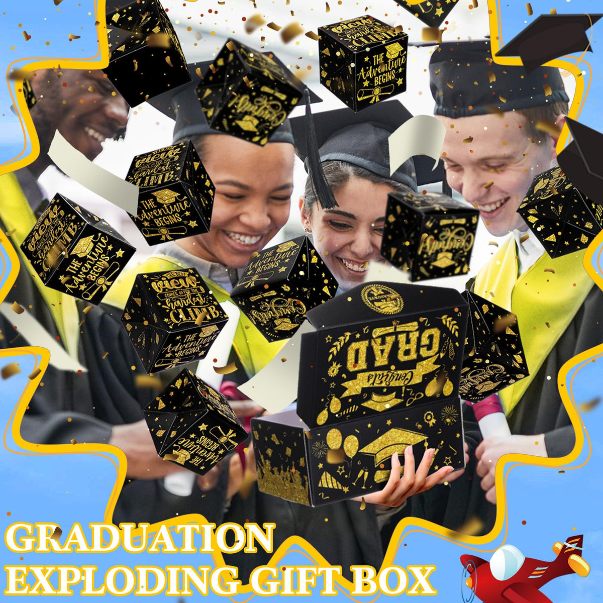 Tenceur 14 Pcs 2026 Graduation Explosion Gift Boxes 12 Bounces Exploding Money Box DIY Congrats Grad Folding Bouncing Gift Box Money Cash Explosion Gift Box for Grad College Party Favors(Black Gold)