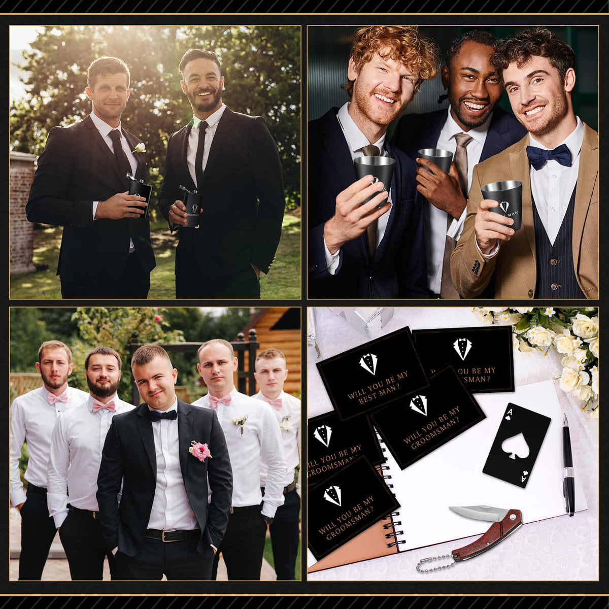 60Pcs Groomsmen Gifts Set of 6, Groomsmen Proposal Box with Flasks Sunglasses PU Leather Toiletry Bag Bottle Opener for Wedding Groomsman Best Man Gift (Black)
