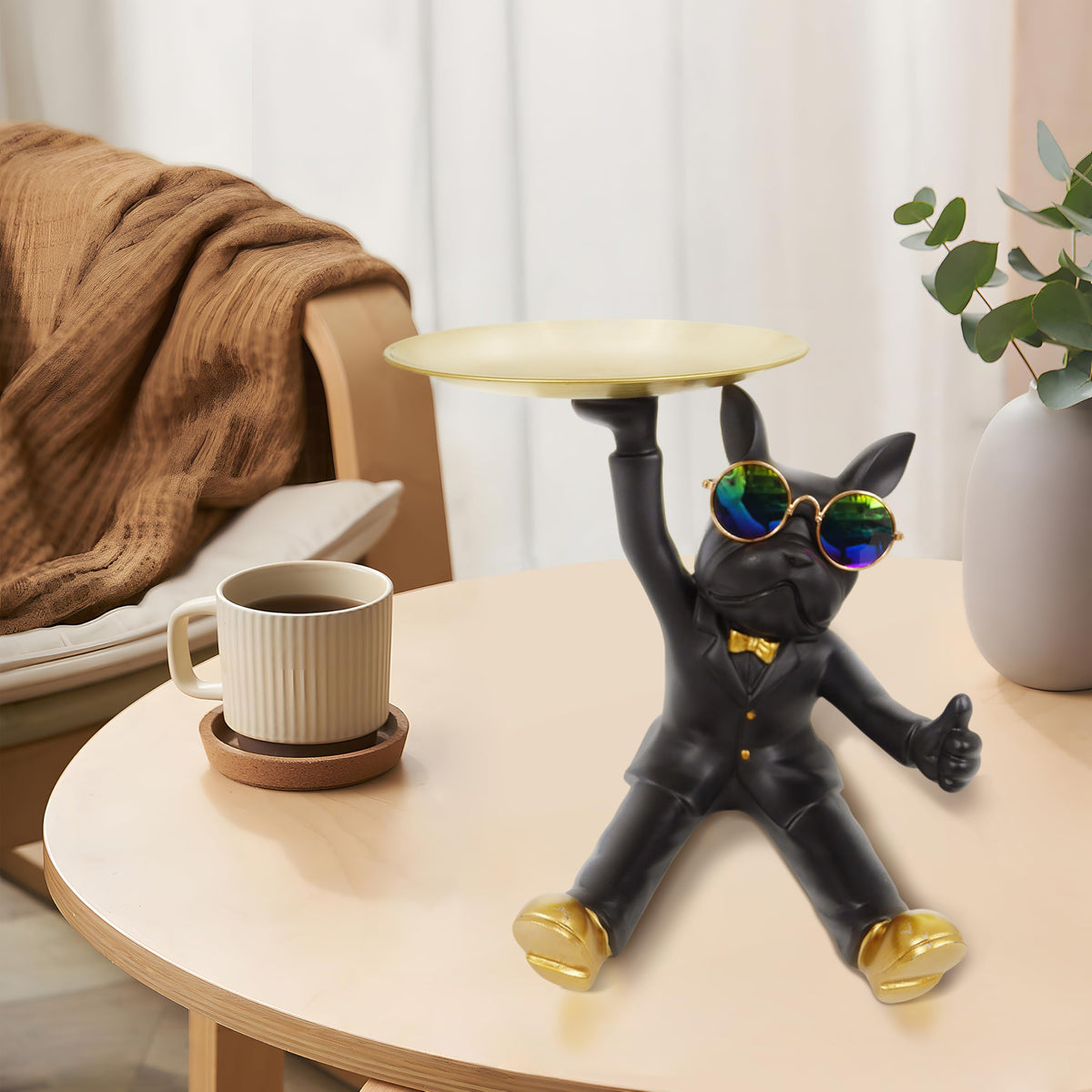 Cozy Villa French Bulldog Tray Statue, Black Frenchie Sculpture with Gold Tray for Entrance Coffee Table Décor, Dog Key Holder Jewelry Trays