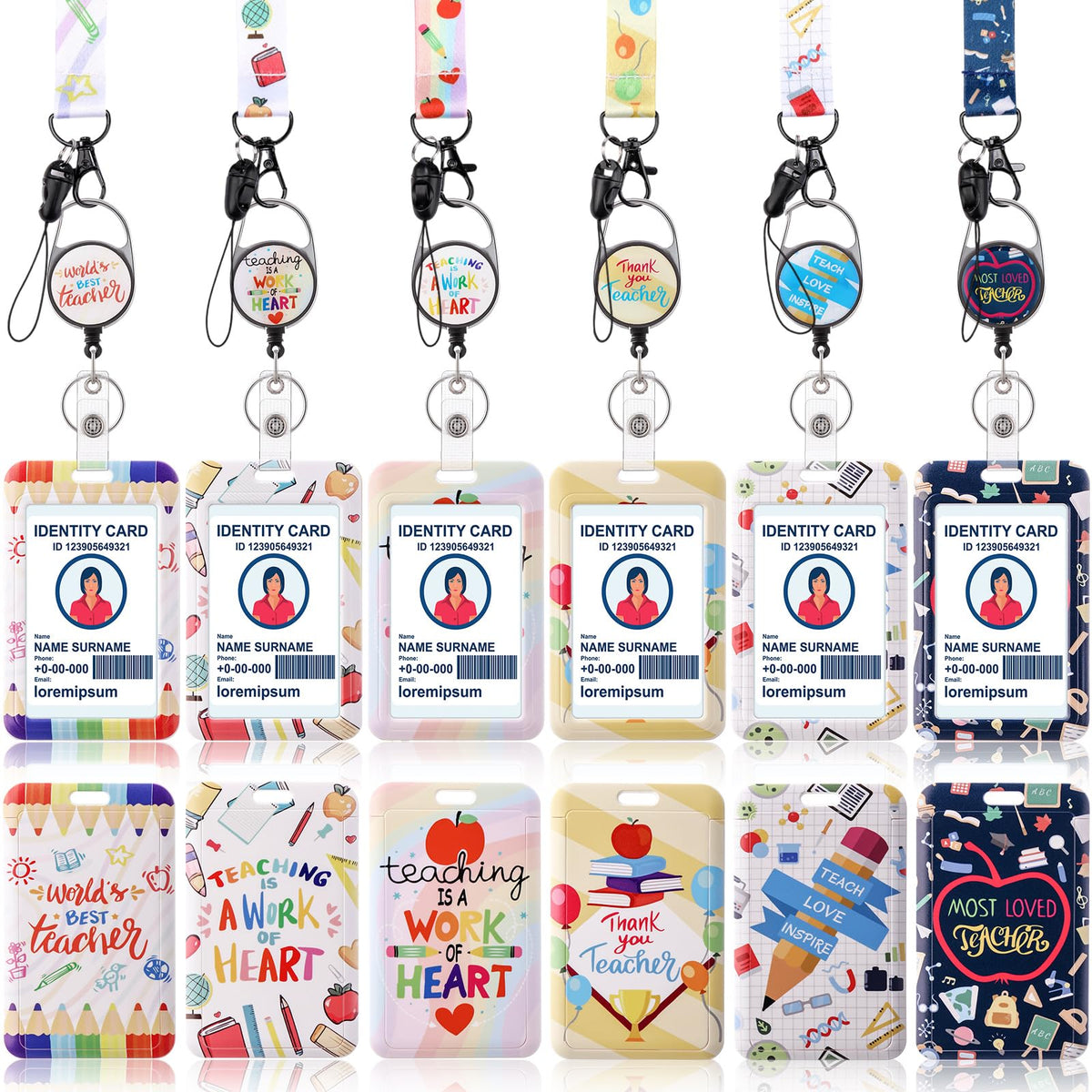 Geyoga 6 Pack Christmas Teacher ID Badge Holder with Breakaway Lanyard Pencil Book Cute ID Badges with Retractable Clip Card Holder Keychain for Women Christmas Gifts (Cute)
