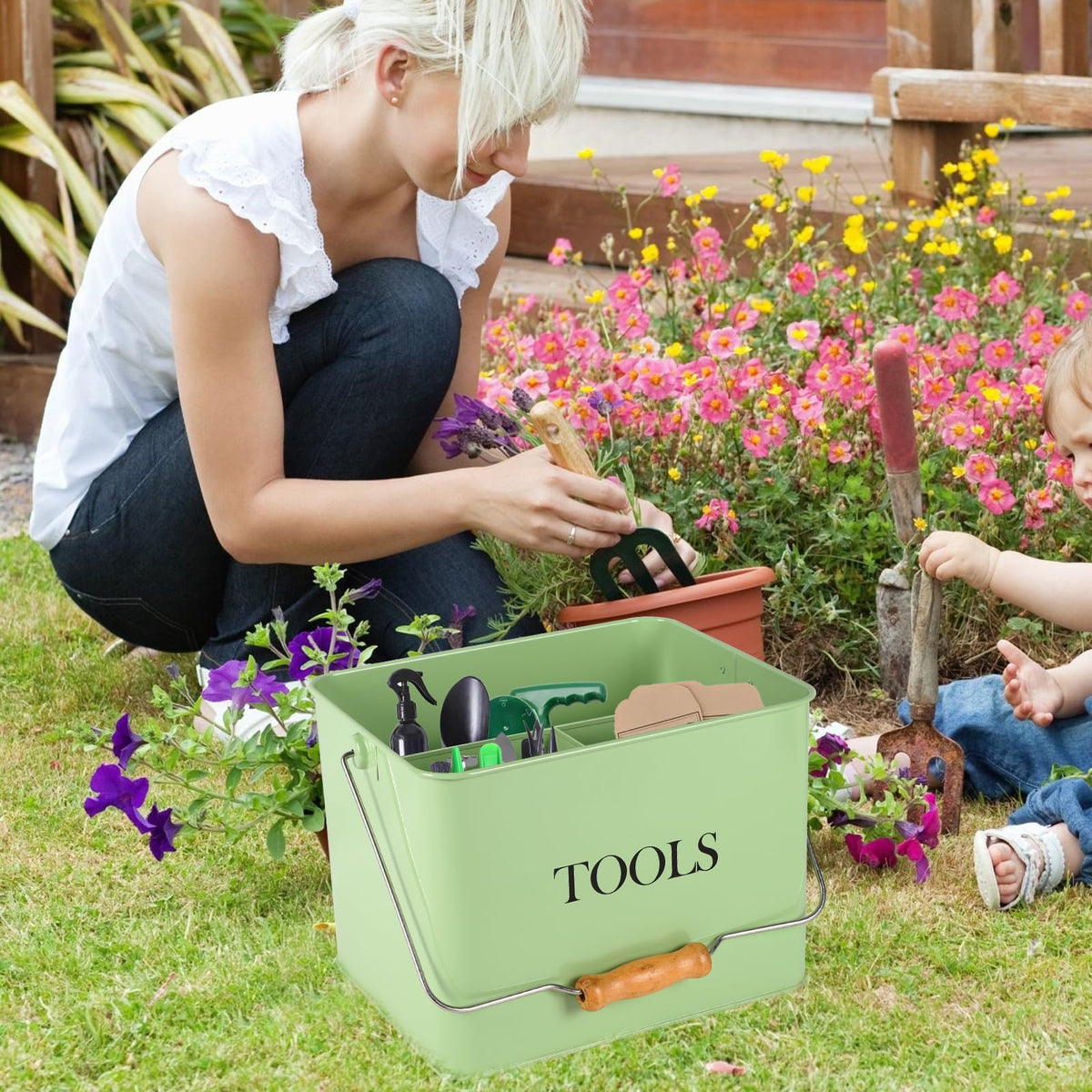 Xbopetda Garden Tool Organizer, Metal Tool Caddy with 3 Compartments, Portable Garden Tool Basket with Handle, Gardening Tool Kit Holder Empty, Garden Tool Storage for Indoor and Outdoor Use - Green