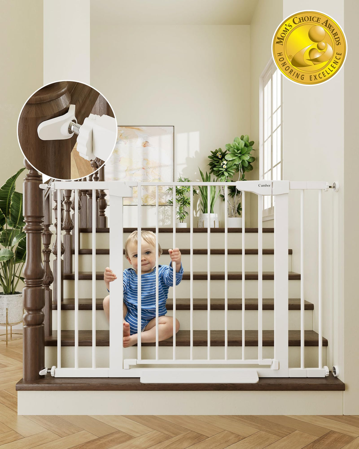 Cumbor 29.7-46" Baby Gate for Stairs, Toddler Safety Essentials for The House, Auto Close Dog Gate for Doorways, Mom's Choice Awards Winner-Easy Install Pressure Mounted Pet Gates for Dogs, White