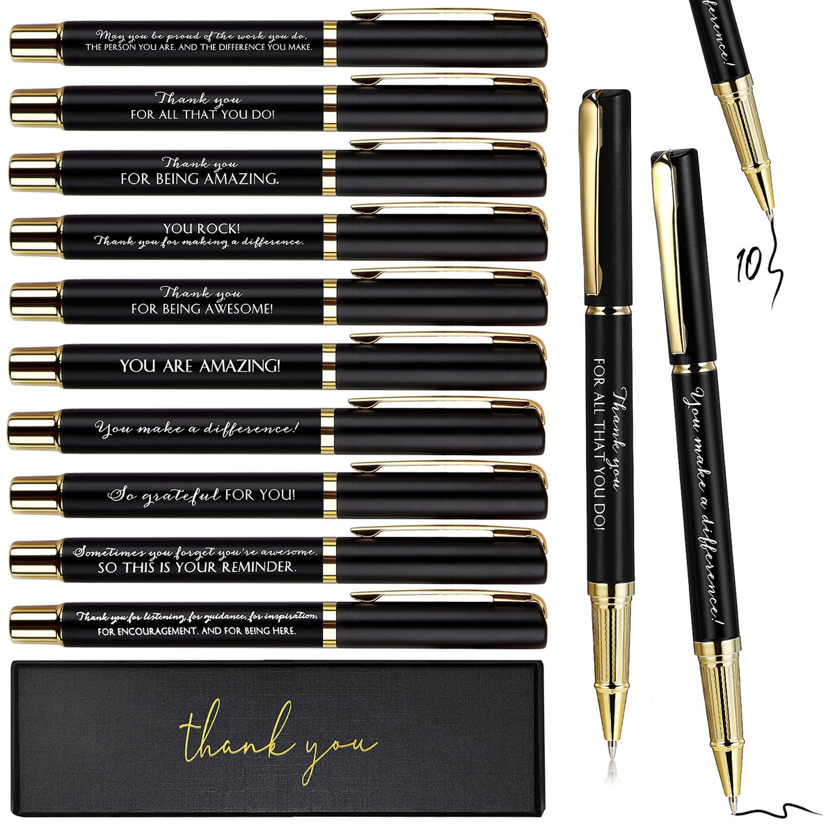 PerKoop 10 Sets Thank You Gifts Appreciation Pens with Boxes for Employee Coworker Volunteer Teacher Nurse Team Prizes Office Supplies Bulk Inspirational Party Favors for Adults(Black,Mixed)