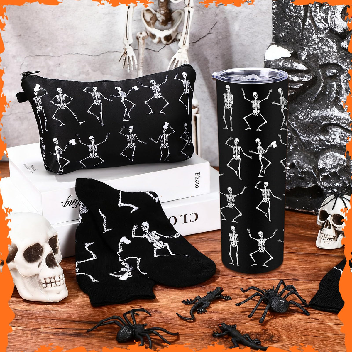 Geiserailie Halloween Goth Gifts Set Dancing Skeleton Insulated Tumbler with Lid and Straw Skull Makeup Bag and Skeleton Crew Socks Unisex Dress Socks Gift for Halloween Party, Friends, Sister, Mom
