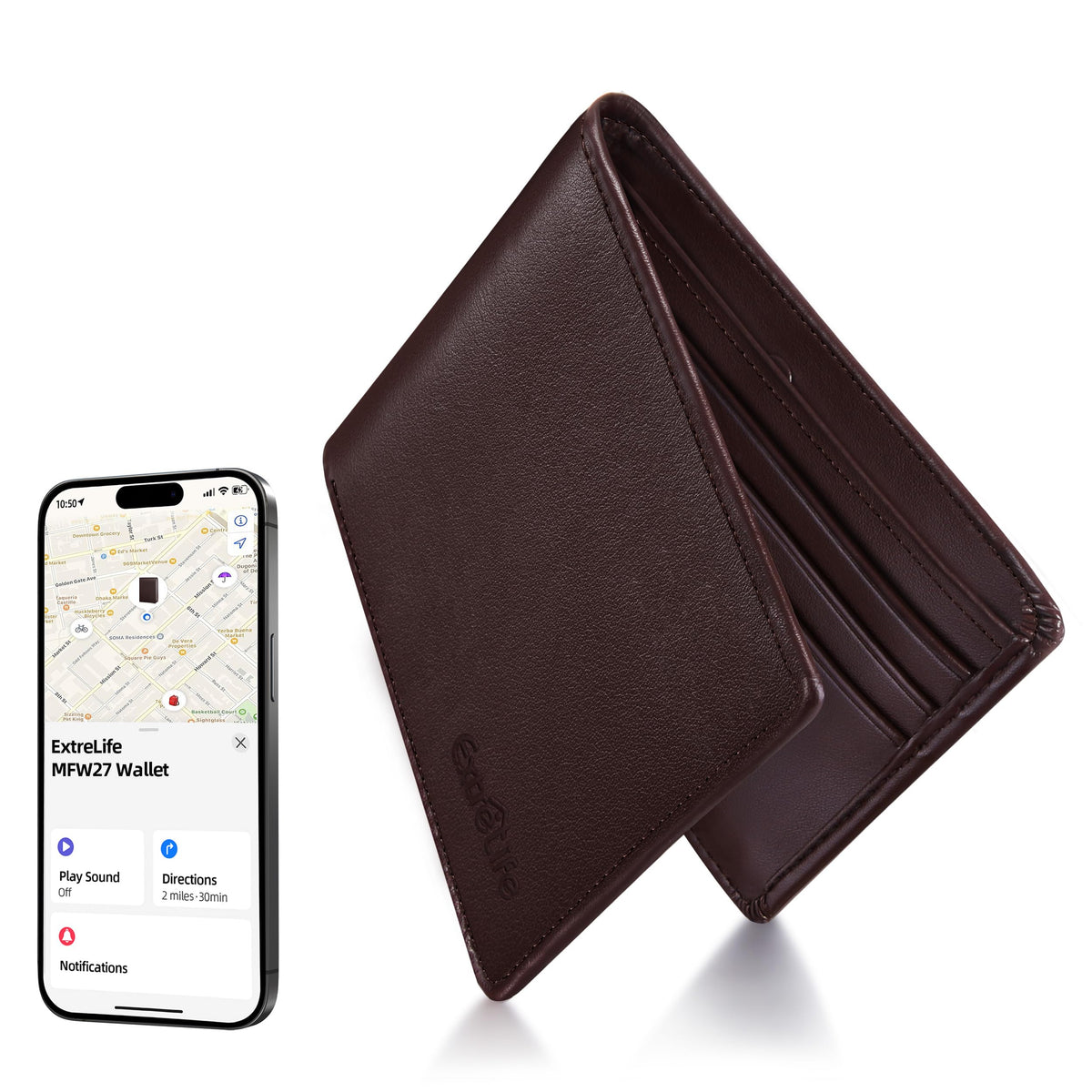 Wallet for Men, Built-in Bluetooth Tracker with Apple Find My (iOS Only), Air Tag Wallet, Leather RFID Blocking Bifold Mens Wallets with GPS Tracker, Rechargeable, Gift for Him, Brown