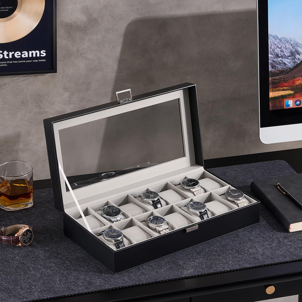 ProCase Watch Case for Men, 14 Slot Mens Watch Box Holder Organizer with Glass Lid, Watches Display Case Birthday Valentine Gifts for Men Women -14 Slot, Black