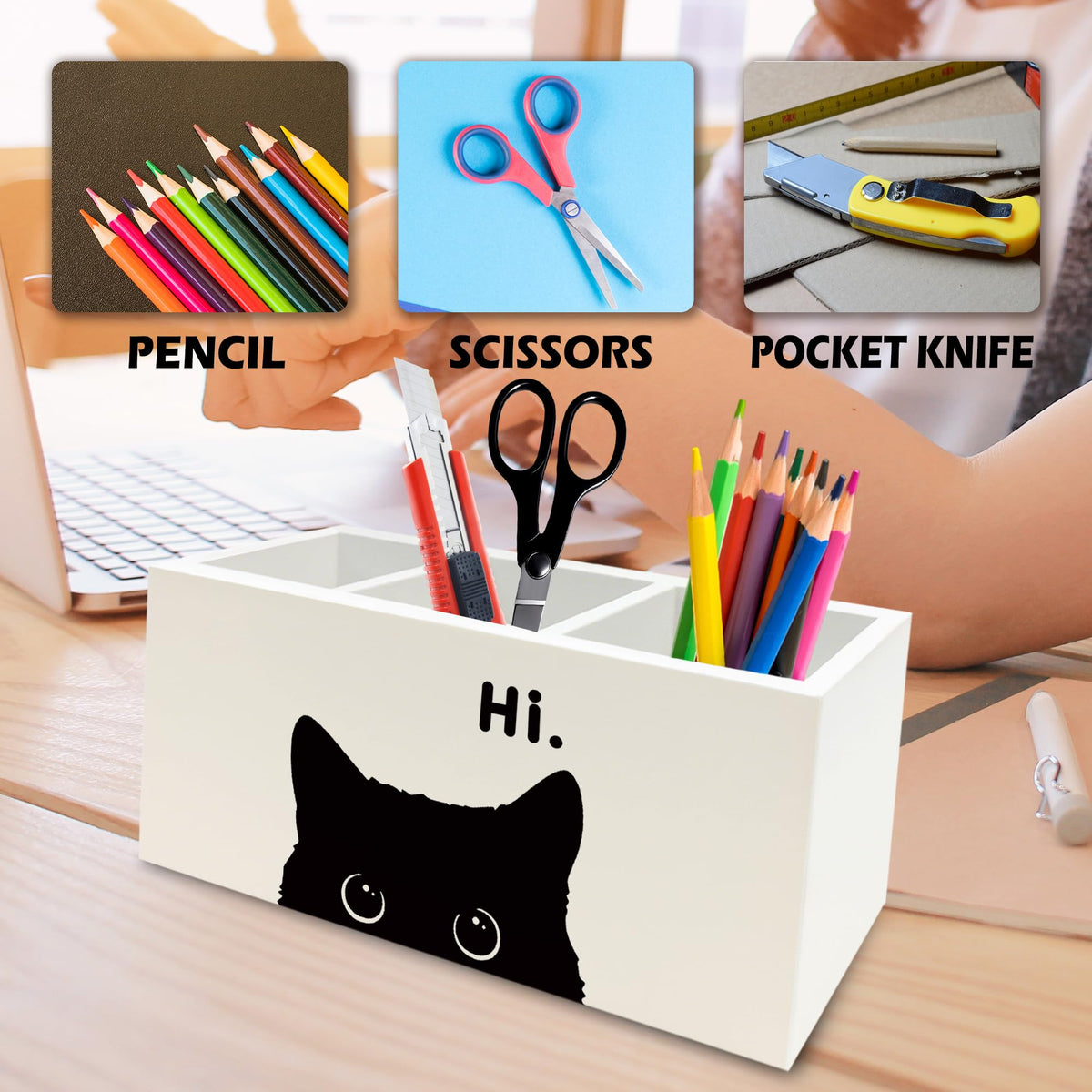 QZQE Funny Black Cat Pen Pencil Holder Organizer for Desk, Black Cat Lovers Gifts for Women Men Wooden Box Signs Decorations for Home Office Desk Tabletop, Gifts for Pet Lover