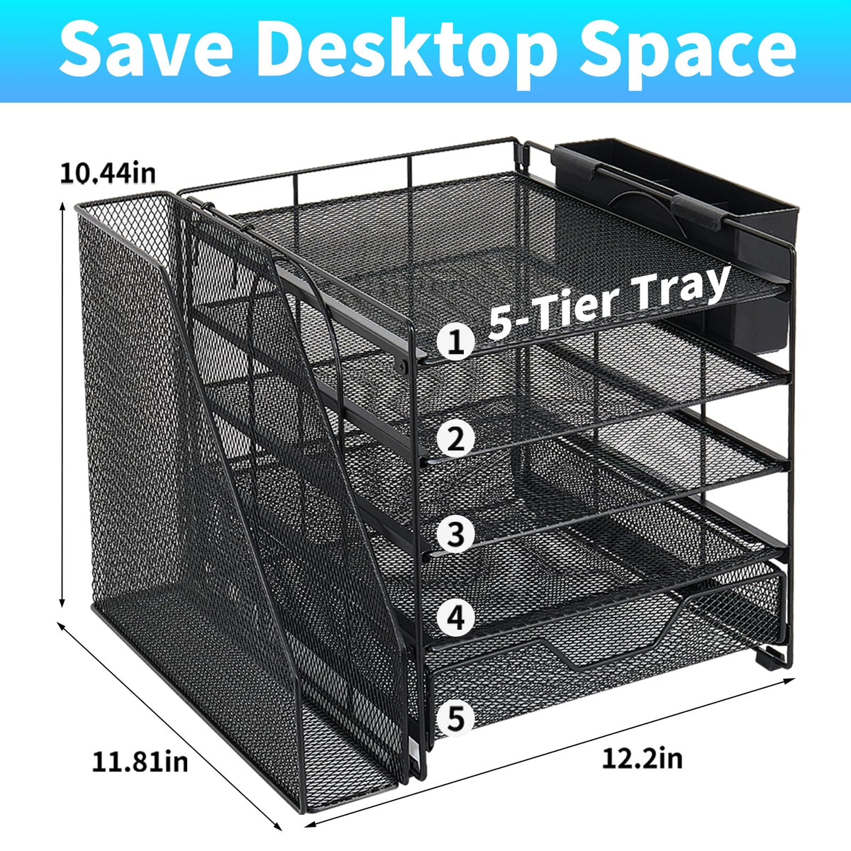 Gugsey Desk Organizers and Accessories, 5-Tier Paper Letter Tray Organizer with File Holder, Drawer & Pen Holder, Office Desk Accessories, Desktop Organizer for Classroom Office Supplies, Black