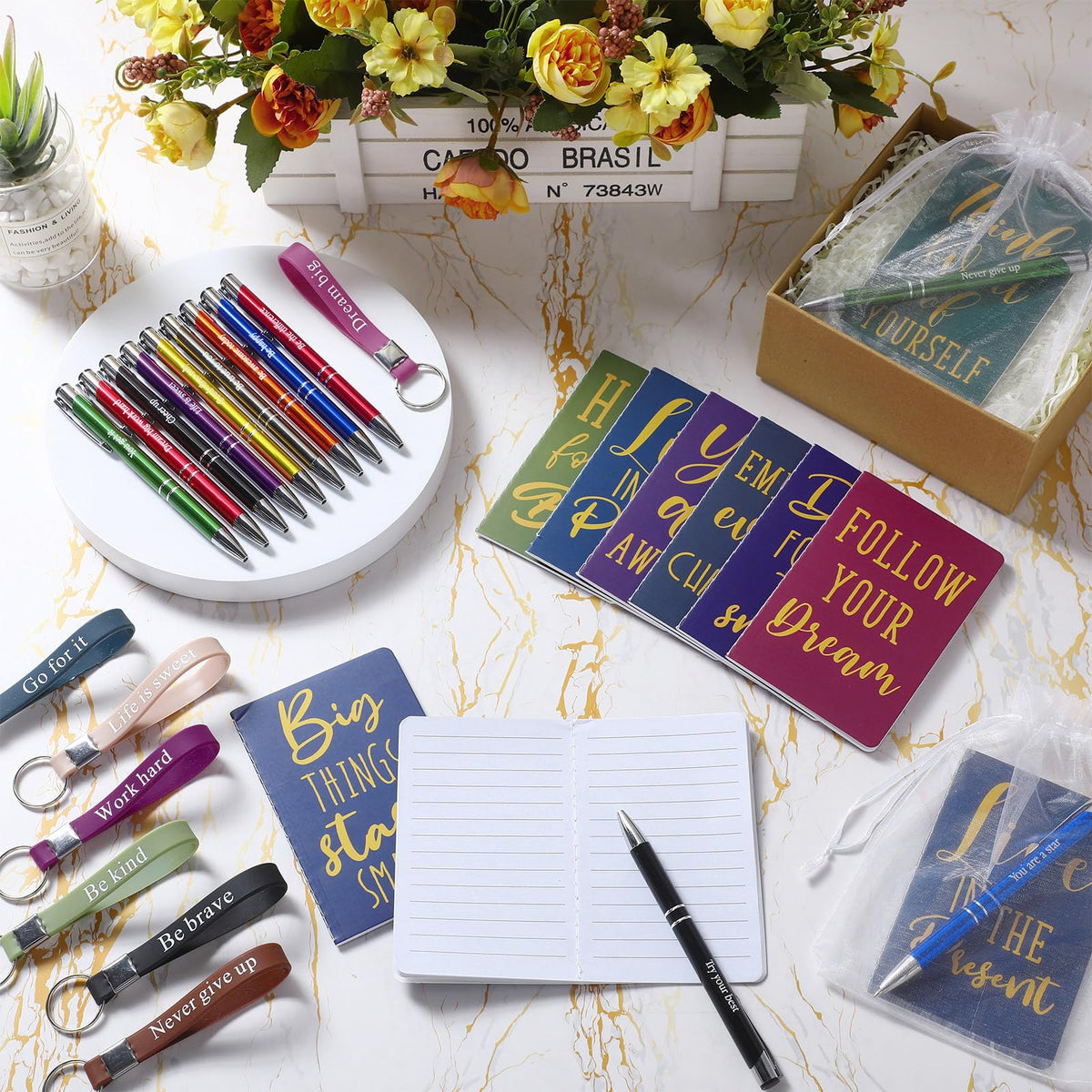 Pajean 128 Pcs Inspirational Gifts Bulk Motivational Notebooks Journal Ballpoint Pens Positive Affirmation Keychains Organza Bags for Students Teachers Employee School Office Prizes Favors Supplies