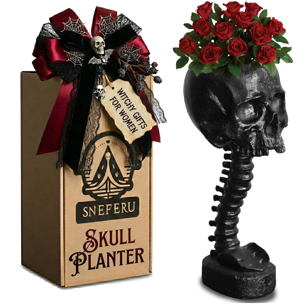 Skull Planter Spine Gothic Vase - Black Skull Candy Bowl, Horror 11.6" Halloween Flower Vase Goth Decor, Spooky Home Decor Skeleton Planter Pot, Candle Holder, Spooky Gifts For Women, Men, Girlfriend.