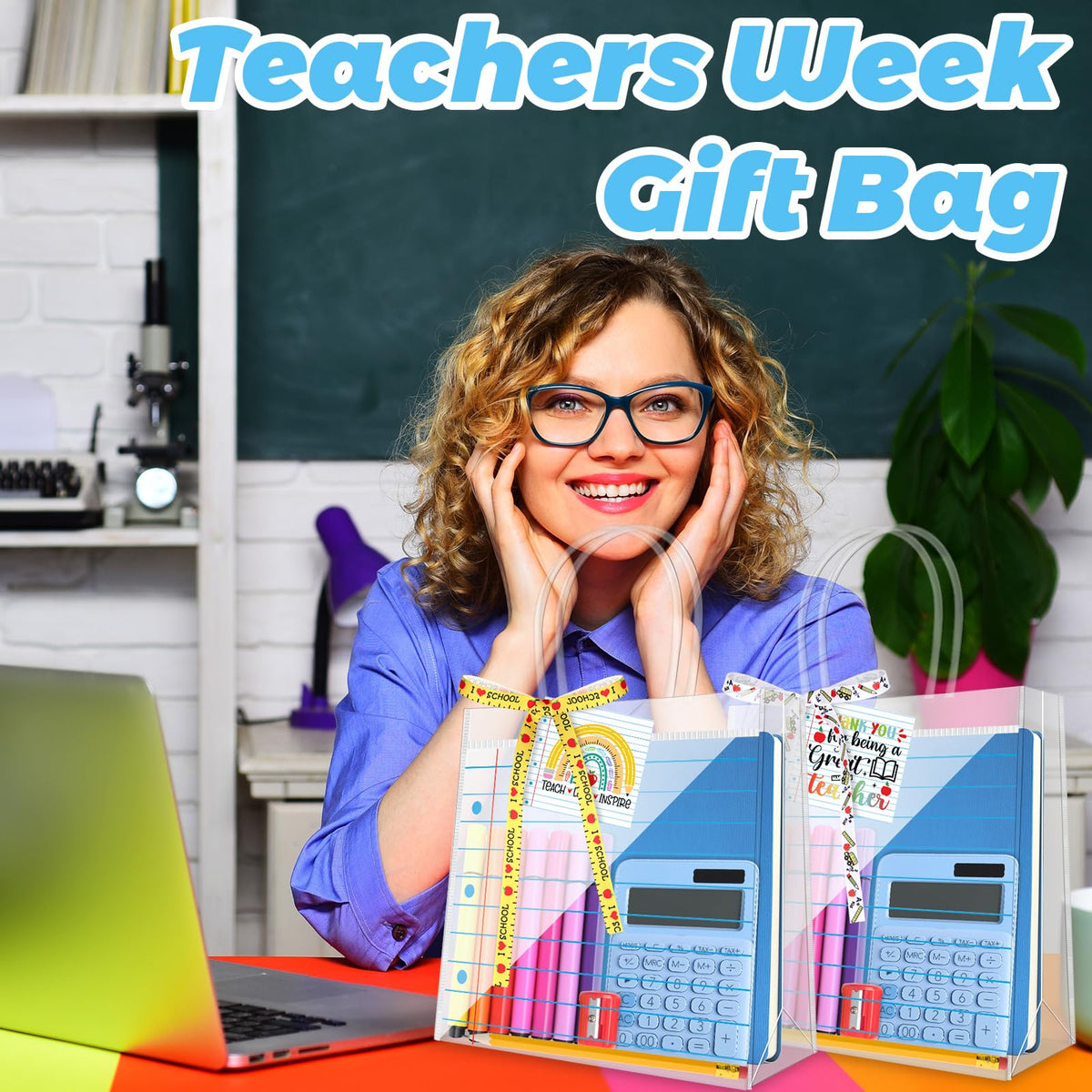 24 Sets Teacher Appreciation Gifts Bags Notebook Line Clear PVC Bags with Handle Thank You Tag Ribbon PVC Clear Candy Treat Goodies Tote Bags for Teachers' Day Classroom School Office Party Supplies