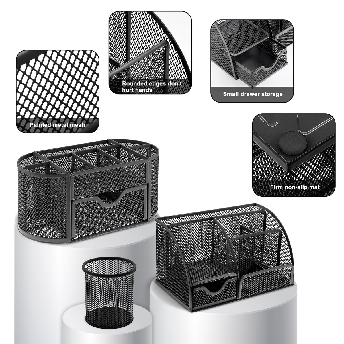 17 in 1 Black Desk Organizers and Accessories Set, 3 Office Desk Supplies Storage Organization, 4 Pens, Stapler, Staples & Remover, Tape & Dispenser, Scissors, Ruler, Clips, Hole Punch, Back to School