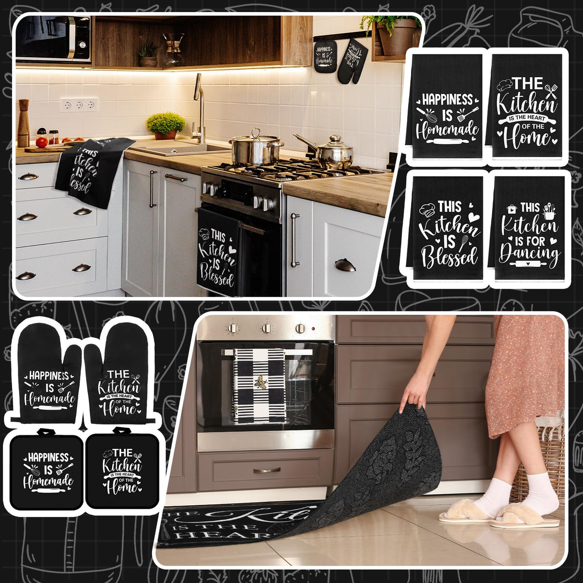 Fourluoo 10 Pcs Farmhouse Kitchen Decor and Accessories Set 4 Kitchen Towels 2 Pot Holders 2 Oven Mitts 2 Rugs for Cooking Baking Mom Housewarming Gifts(Black,Classic Style)