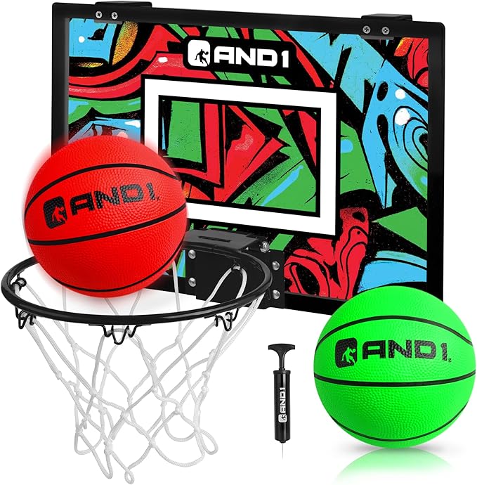 AND1 Over the Door Mini Basketball Hoop: 18x12 Shatterproof Backboard, 2 Mini Basketballs, and Hand Pump Included- Ultimate Indoor Basketball Accessory for Kids and Adults, No Tools Required