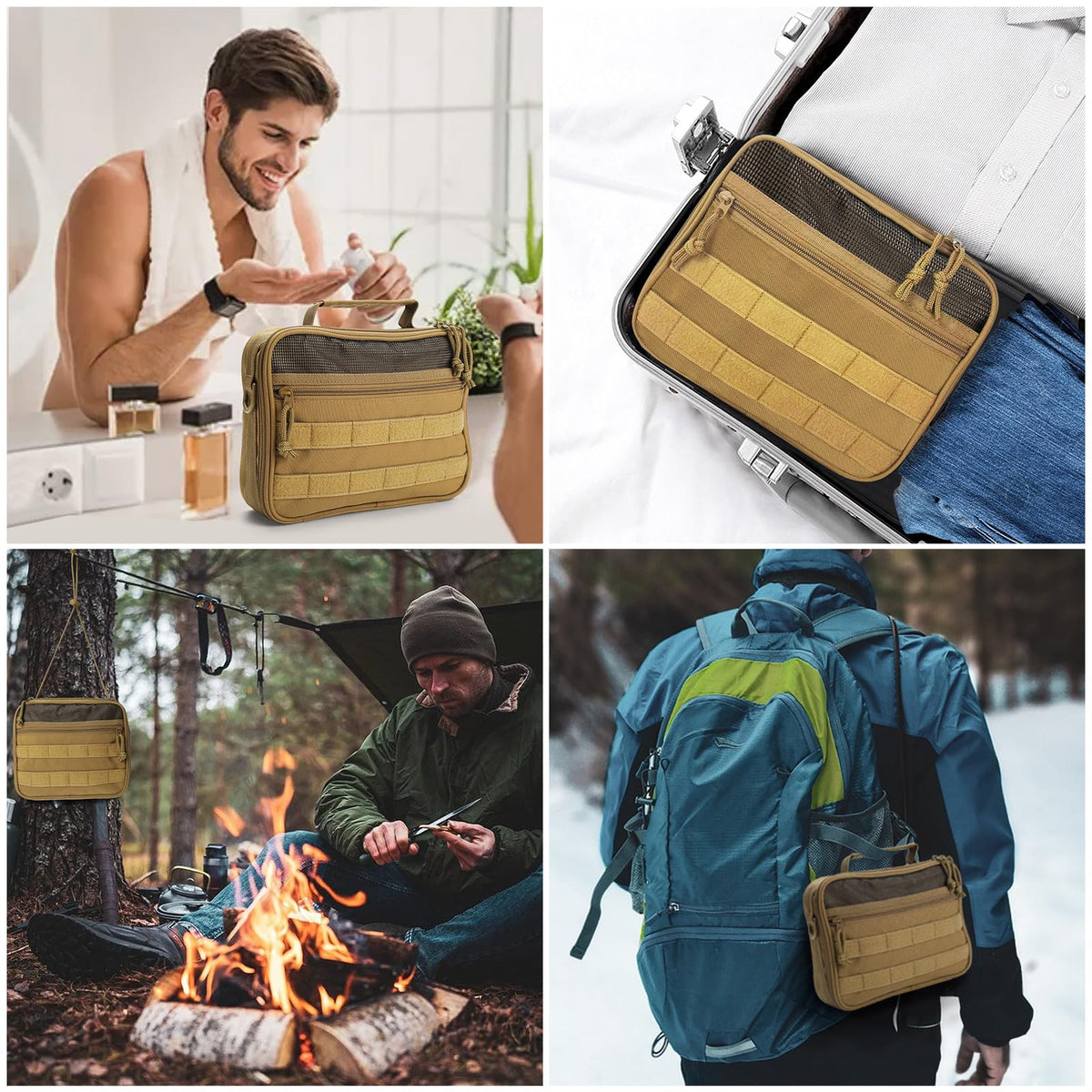 SUNRISING Tactical Travel Toiletry Bag for Men and Women, Hanging Travel Toiletry Organizer Dopp Kit, Toiletries Shaving Hygiene Bathroom Bag,Men's Toiletry Bag for Short Trips Camping - Khaki