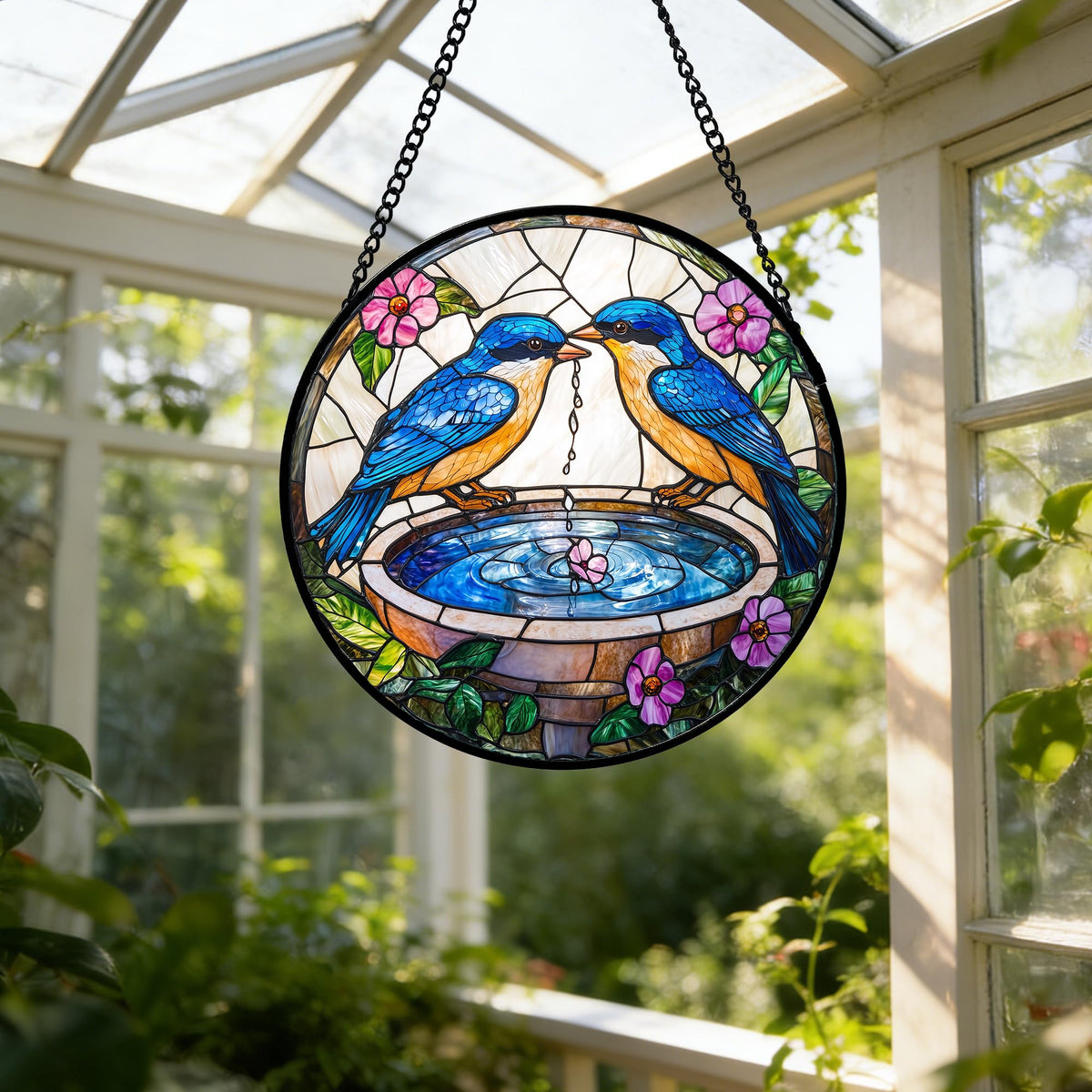 DASTOLL Stained Glass Window Hanging, 2 Blue Birds Suncatcher Diamond Glass Panel Hangings Bird Lover Sun Catchers Decor for Birthday for Women, Men, Wife, Aunt, and Mom 6.3 in