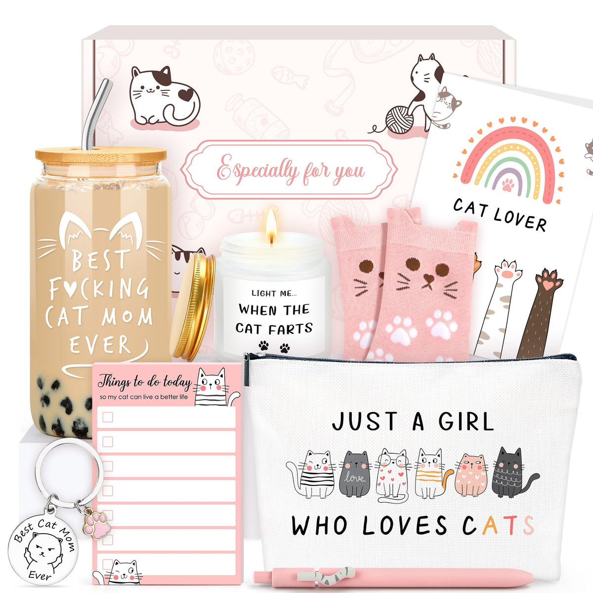 Verouis Cat Mom Gifts for Women Unique Cat Themed Gift for Cats Lovers Gifts for Women Funny Cats Accessories for Woman - Kitty Paw Socks Keychain Pen Candle Cup Sticky Notes Makeup Bag Card