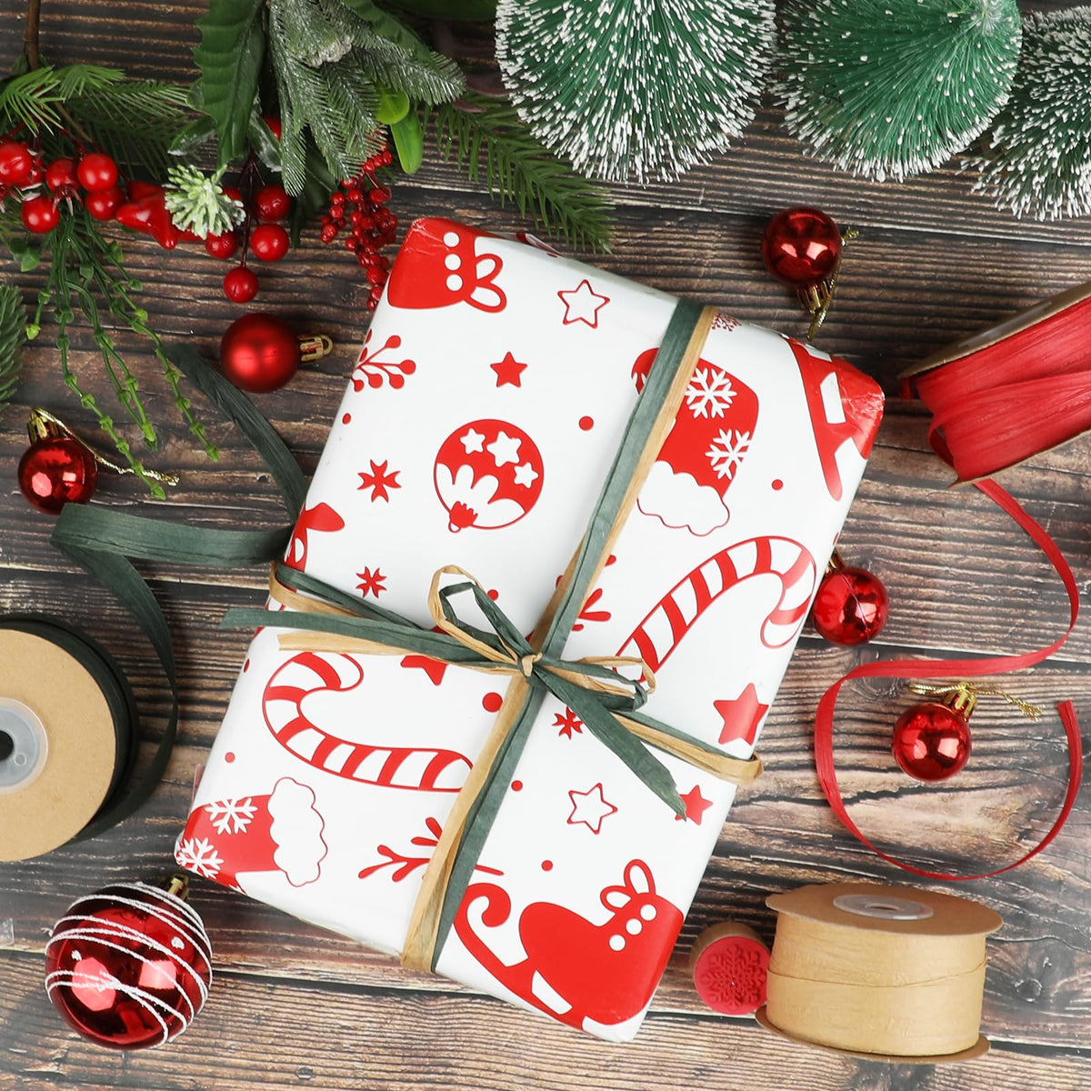FOIMAS 984ft Raffia Paper Ribbon,Red Green Brown Kraft Ribbon Gift String Packing Paper Twine for Christmas Gift Wrapping DIY Craft Supply