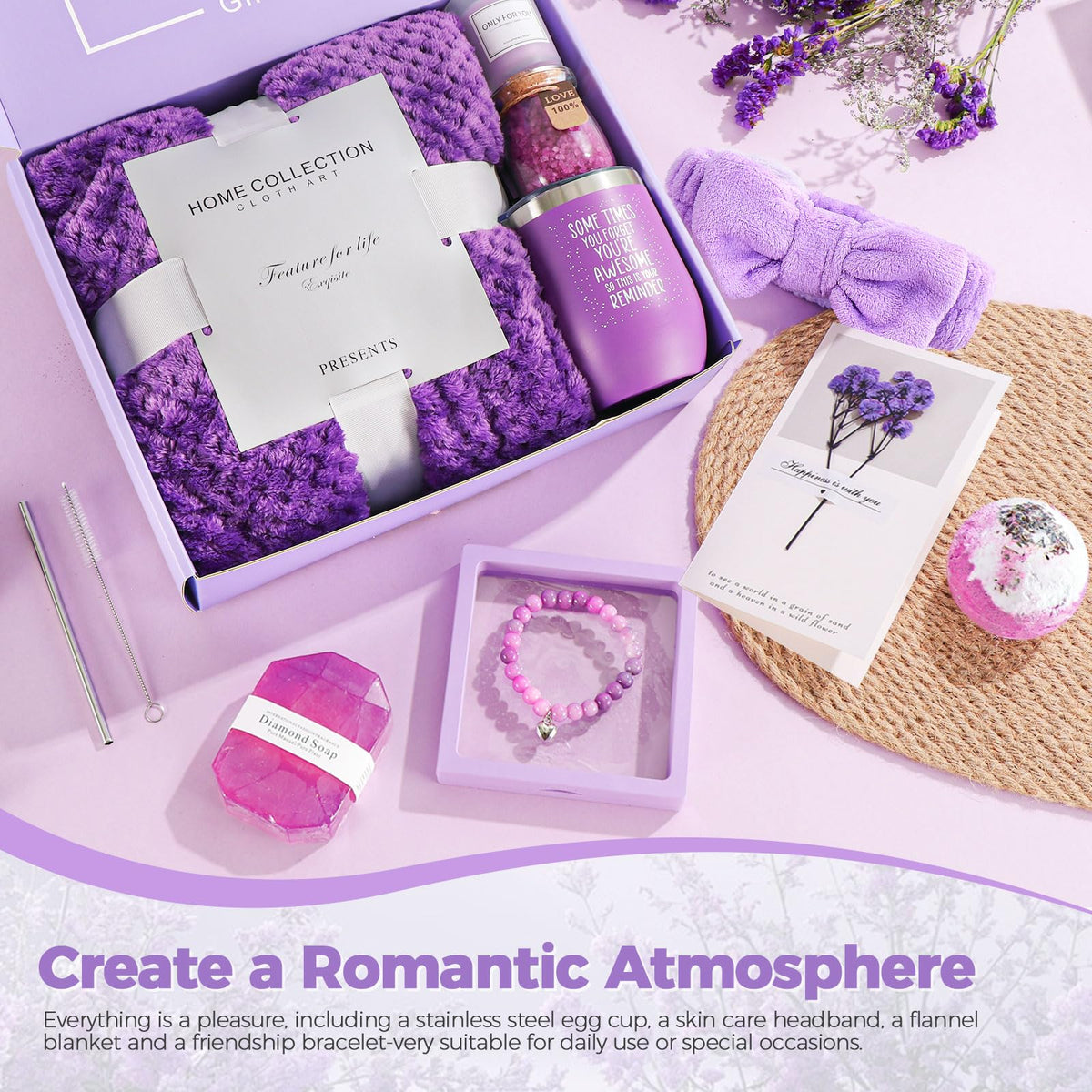 MEINESQIS Birthday Gifts for Women Gift Basket, Lavender Spa Gift Set with Cozy Flannel Blanket, Self Care Care Package Gift Box for Her, Mom, Wife, Sister, Best Friend, Girlfriend (Purple)