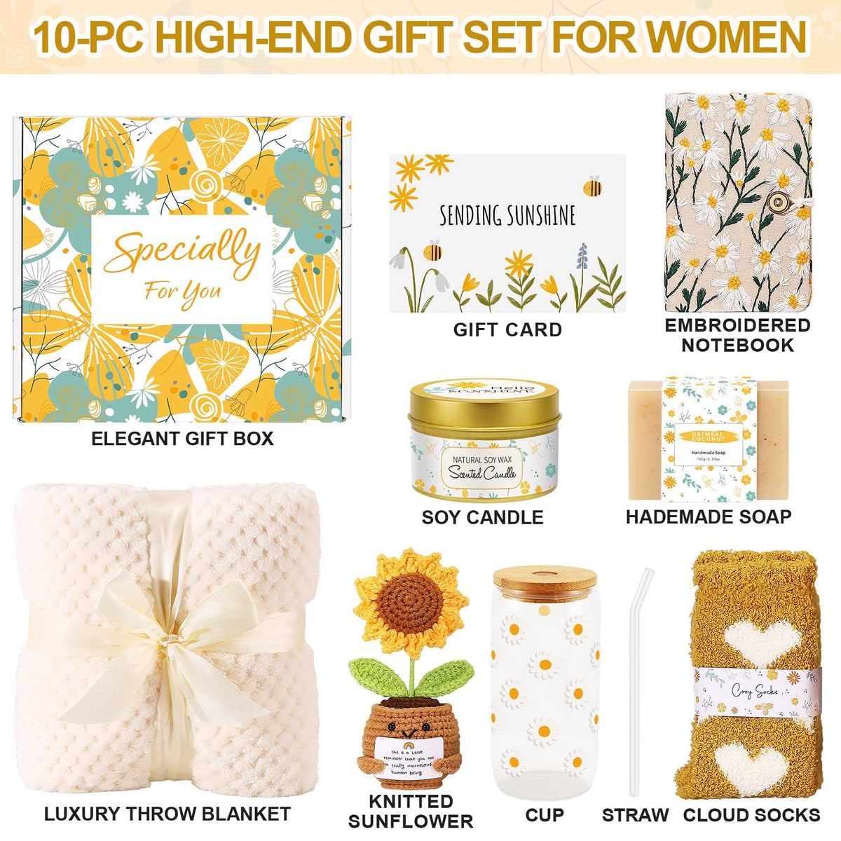 Self Care Gifts for Women Gift Baskets，Sending Sunshine Thinking of You Care Package Spa Gift Sets, Birthday Christmas Gifts for Women Best Friends Mom Sister Wife Grandma Her - Ivory