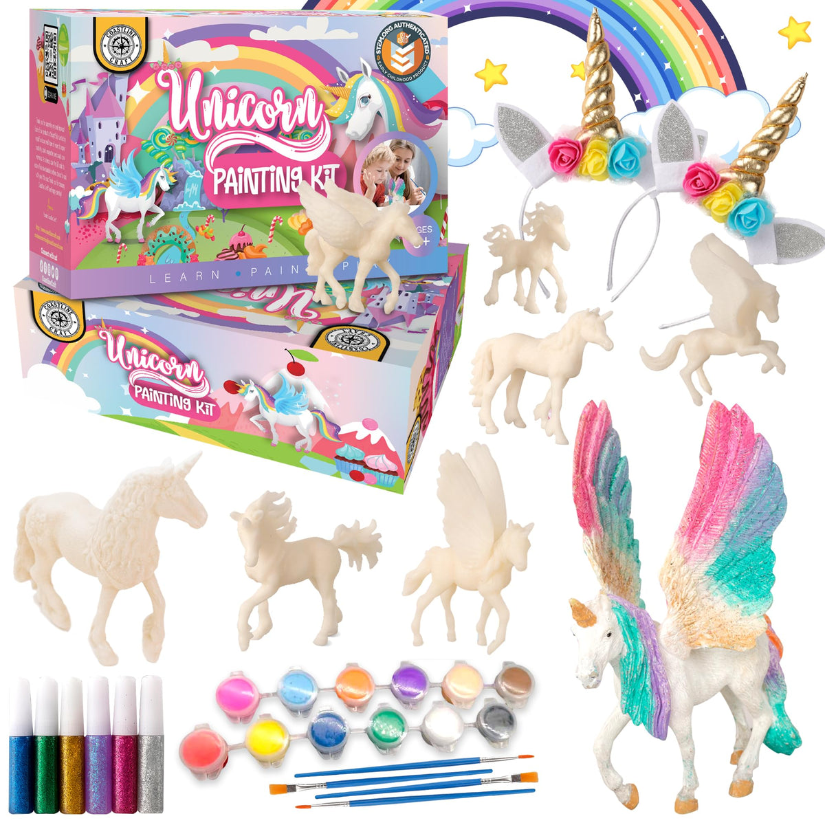 Unicorn Painting Kit for Girls - STEM Certified Unicorn Craft for Girls Ages 4-6 & up- Paint Your Own Arts and Crafts Includes 2 DIY Headbands & 8 Kids Painting Crafts for Fun Screen-Free Play