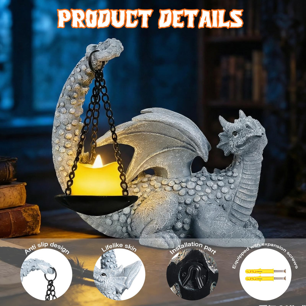 Dragon Wall Decor Outdoor Gothic Candle Holder Sculpture for Garden Patio Yard with Fantasy Dragon Statue Unique Dragon Gifts for Women Men Lovers Grey Stone