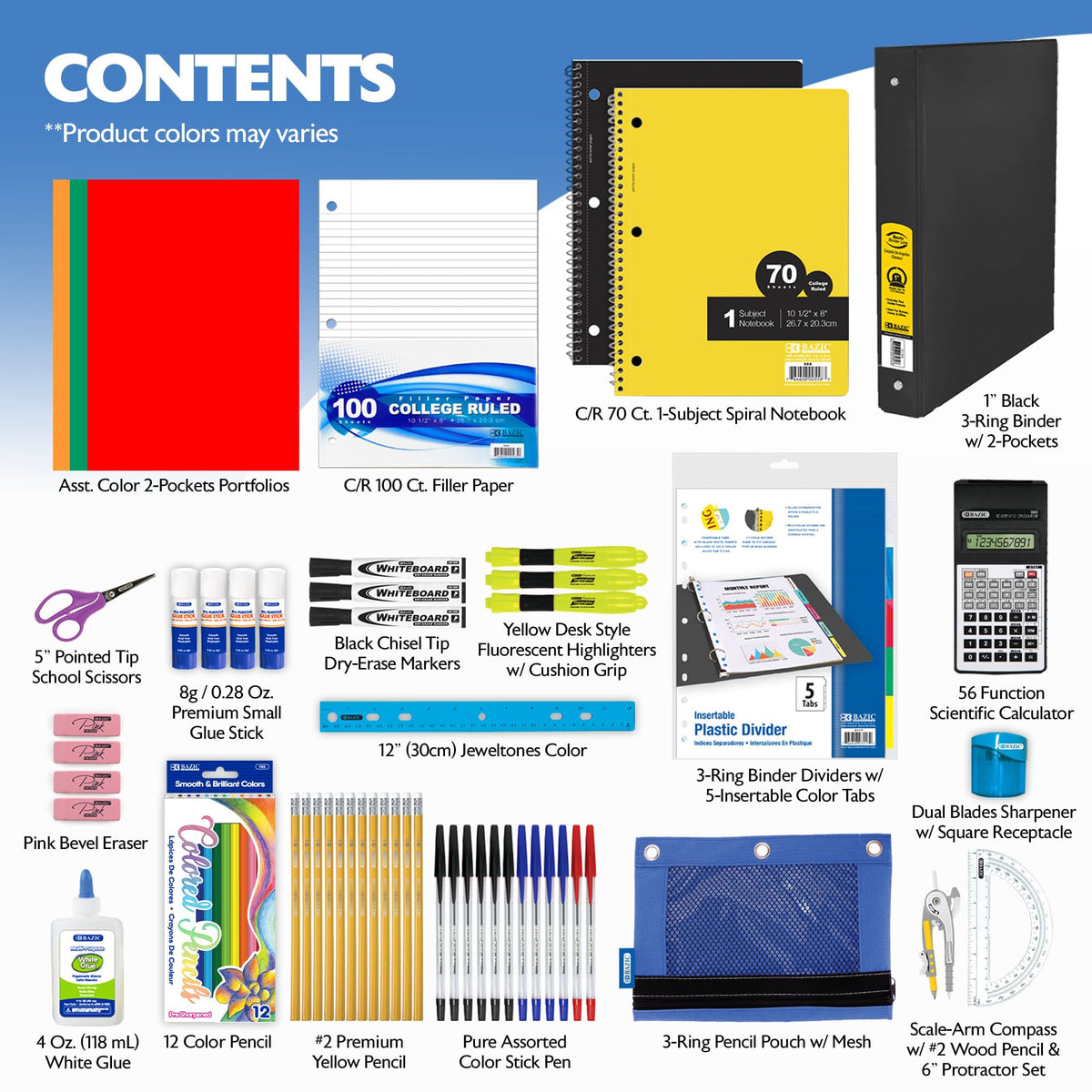 BAZIC PRODUCTS Middle & High School Kit Supply Box, 65-Count Student Set for Grades 7–12, Complete School Supply Kit with Middle School Supplies, Organized Supply Box for Highschool, 1-Pack