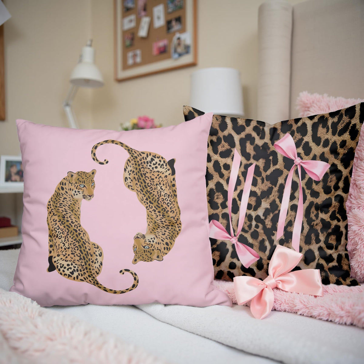 GTYNU Trendy Funky Pink Cheetah Coquette Bow Lip Pillow Covers 18x18 Set of 2,Cheetah Leopard Lover Gifts for Women,Coquette Preppy Pillow Covers for Girls Room Dorm Apartment Decor