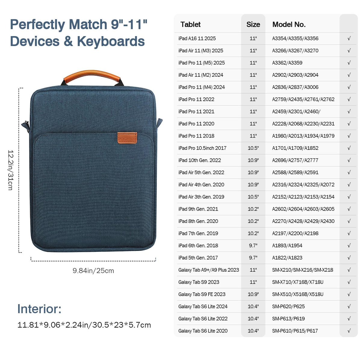 MoKo 9-11 Inch Tablet Sleeve Bag Handle Carrying Case with Shoulder Strap Fits iPad Pro/Air/A16 11 inch,iPad 10th 10.9,i-Pad 9/8/7th 10.2,iPadAir 5/4th 10.9,i-Pad 9.7,Tab S8/S9 11", Indigo