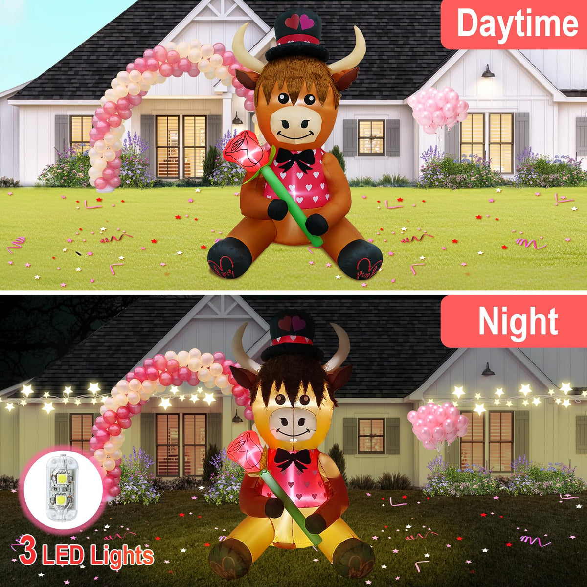 inslife 5FT Tall Valentine's Day Inflatable Highland Cow Holding a Rose, Blow Up Valentine's Day Outdoor Decoration Built-in 3 Led Lights for Wedding Propose Indoor Yard Party Supplies