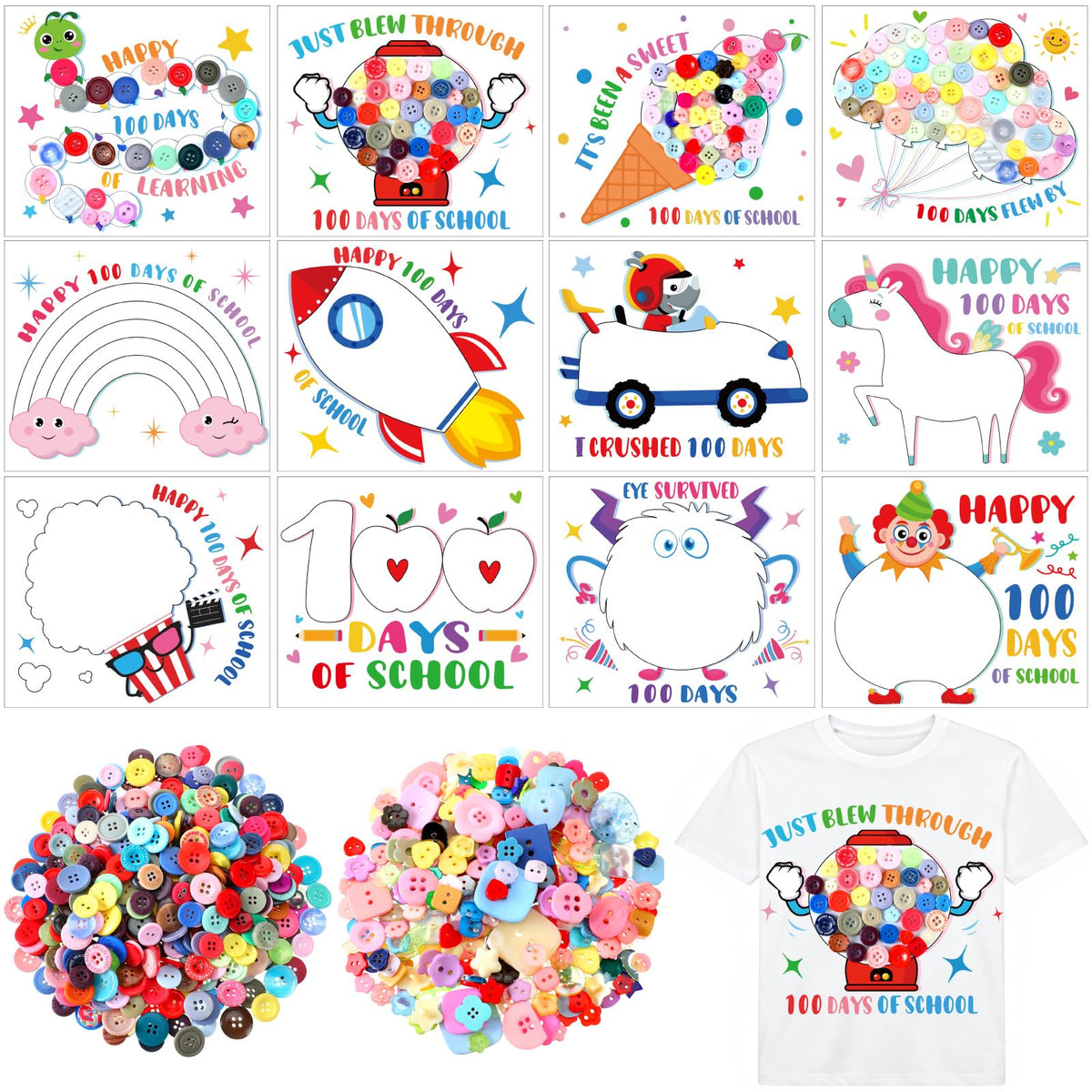 Suncalla 12 Sets DIY 100th Day of School Iron on Decals Craft Kit with Patches Buttons Machine Ice Cream Caterpillar T Shirt Dot Stickers for Kids DIY Art School Party Activity Creative Supplies