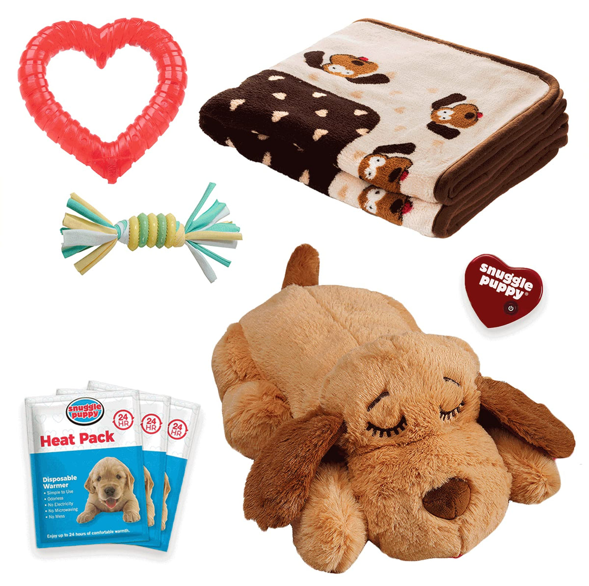 SmartPetLove Original Snuggle Puppy Essentials Starter Kit - Heartbeat Puppy for Dogs - Calming Aid with 3 Heat Packs, Puppy Teething Toy, Dog Chew Toy and Dog Blanket